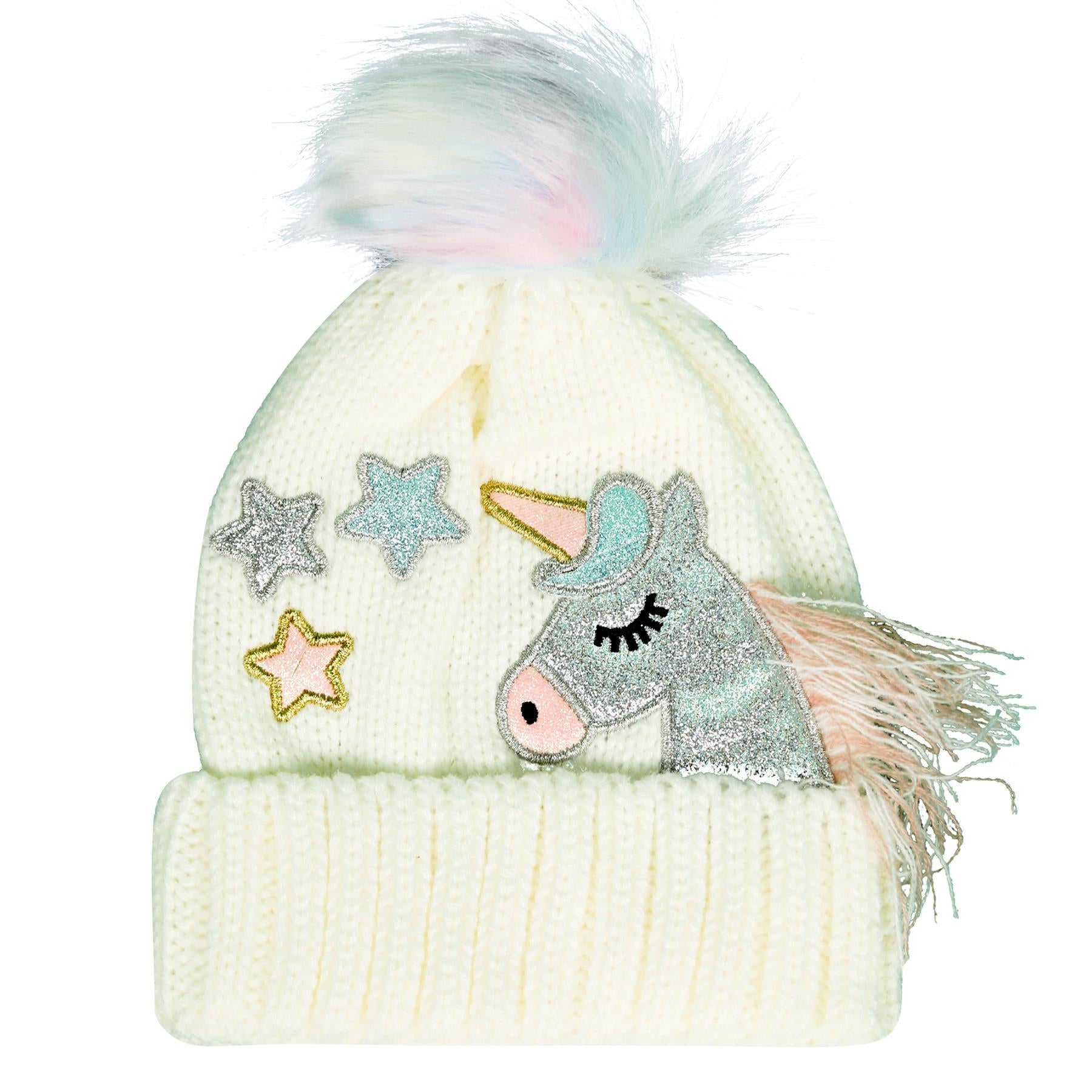 Kids Girls 2 Pack Cable Knit Hat Unicorn Bobble Beanie Pom Pom Warm Winter Hat