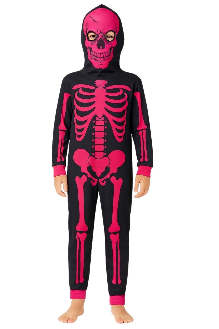Girls Boys Neon Pink Skeleton Print Pyjama Halloween