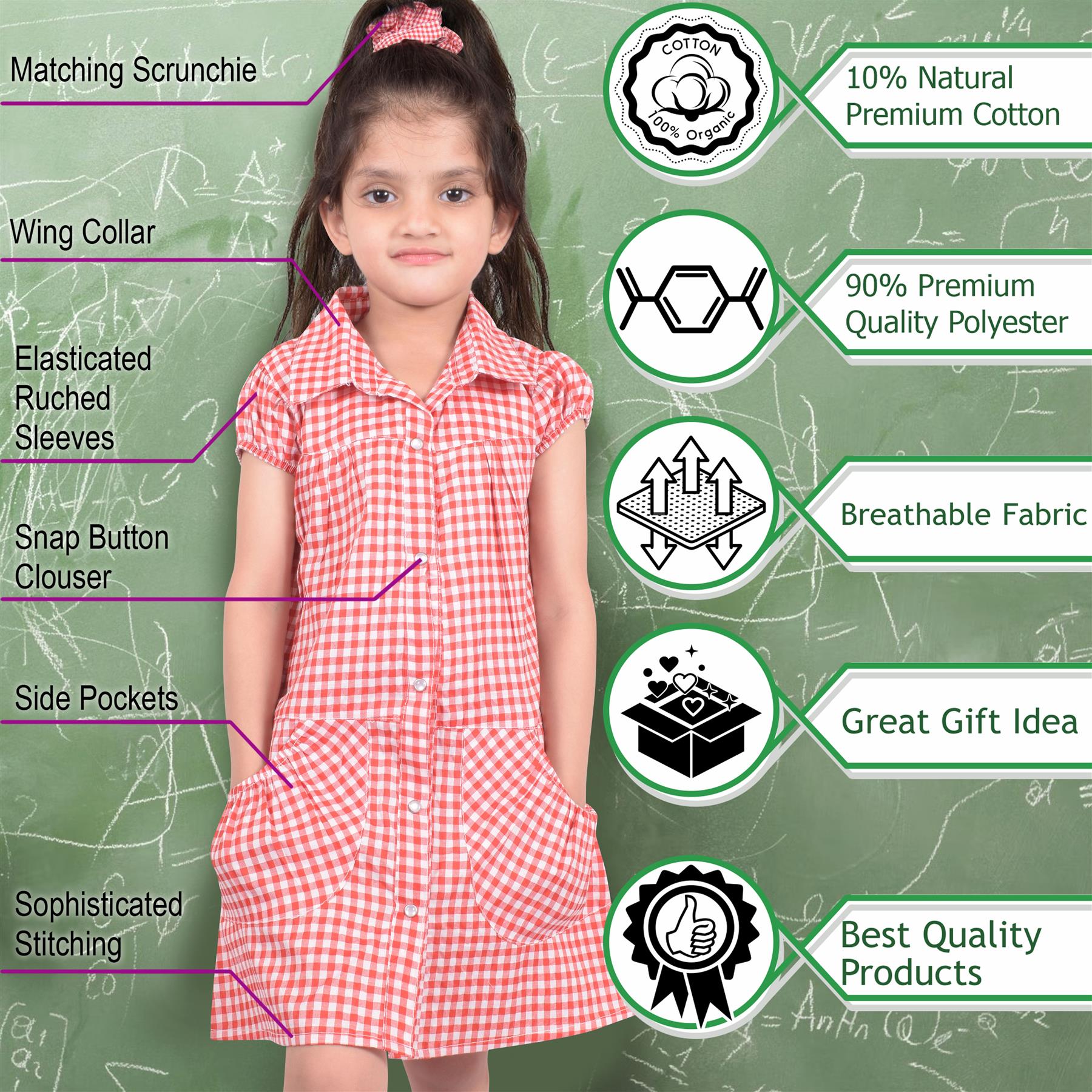 Girls Gingham School Dress Pack Of 2 Check Print Dresses With Matching Scrunchie