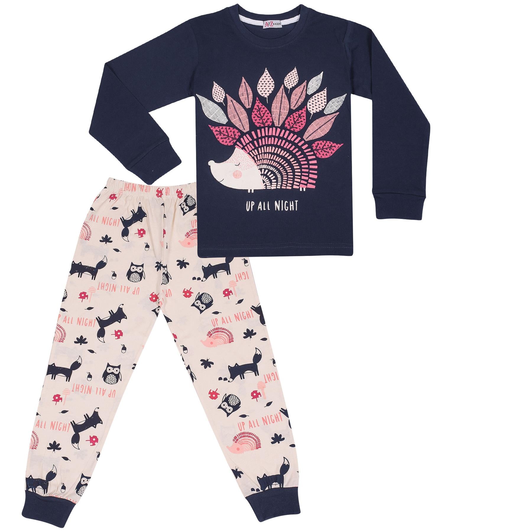 Kids Girls Pyjamas Up All Night Print Navy Lounge Suit Set