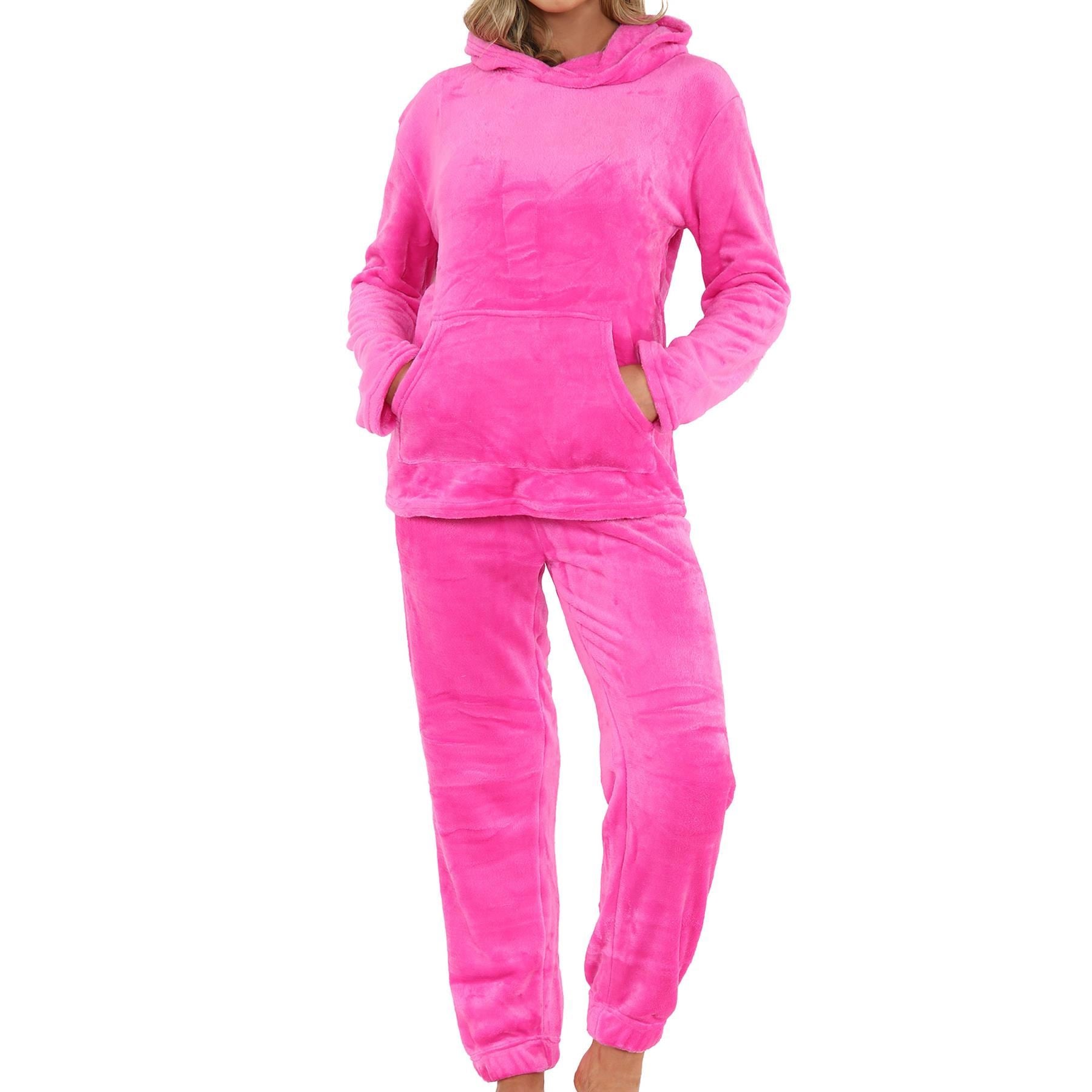 Ladies Pyjamas Set Long Sleeve Hooded Plain Soft Fleece Pyjamas Set