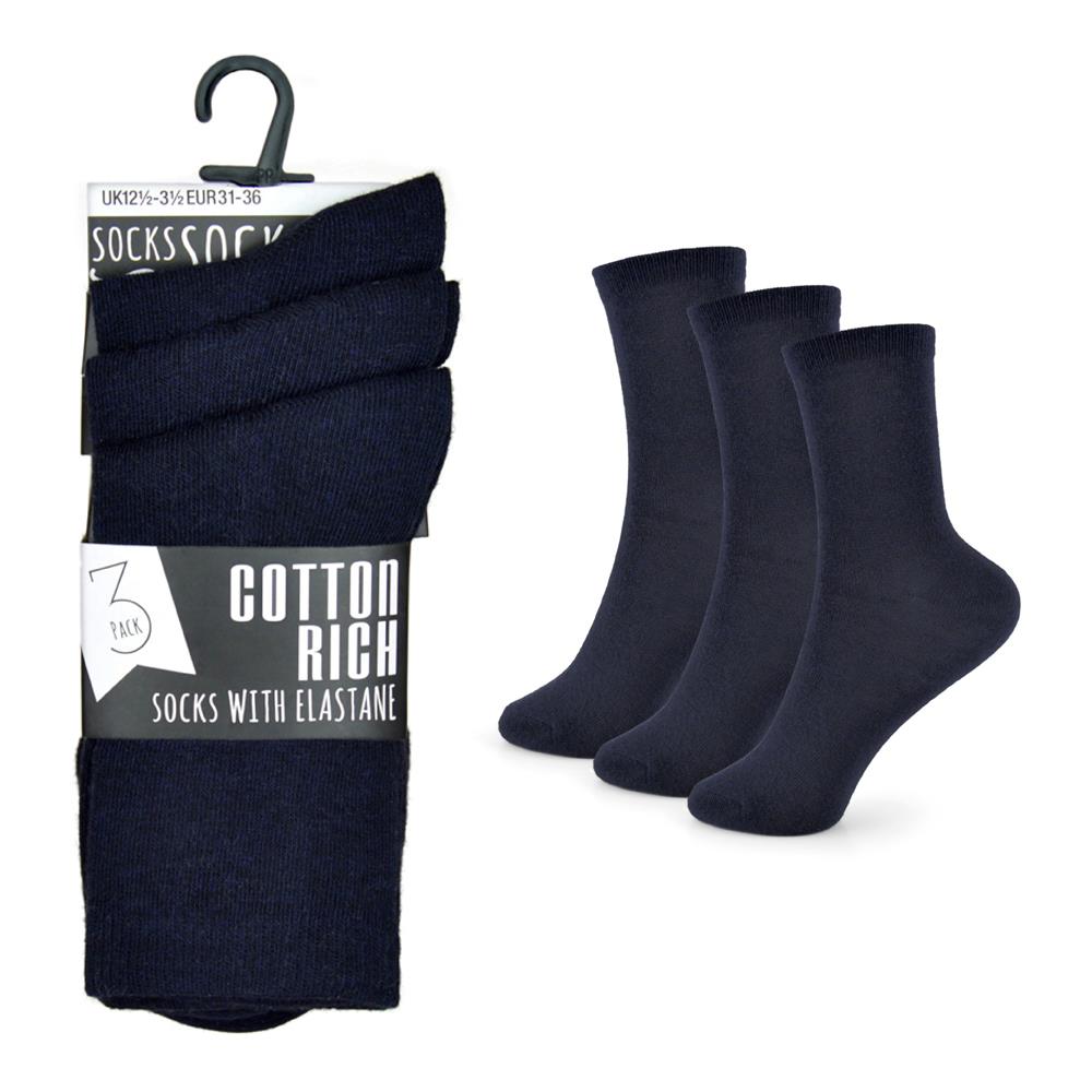 Kids Girls Boys Plain Crew Socks Pack Of 3 Comfortable Cotton Rich Socks 2-14 Yr