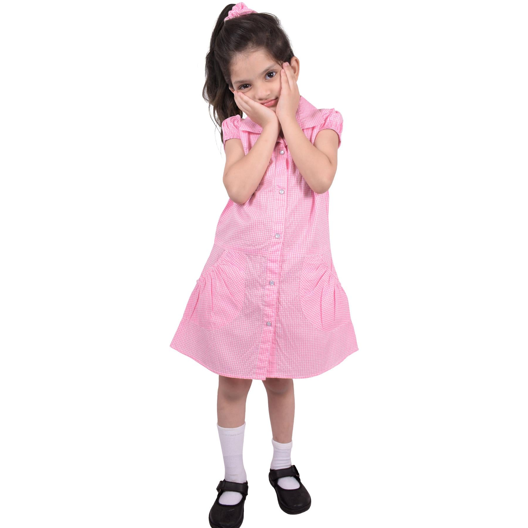 Kids Girls Pack Of 2 Uniform School Dress Gingham Dress With Matching Scrunchies