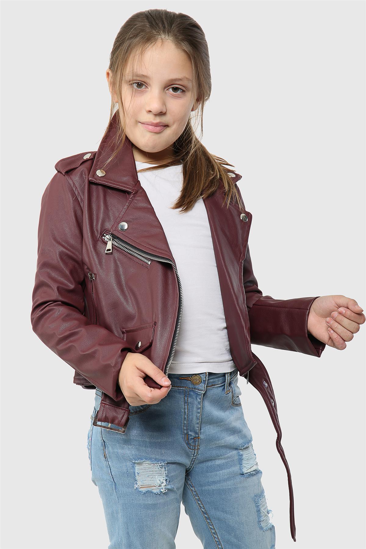 Kids Girls Jackets PU Leather Jacket Zip Up Coats