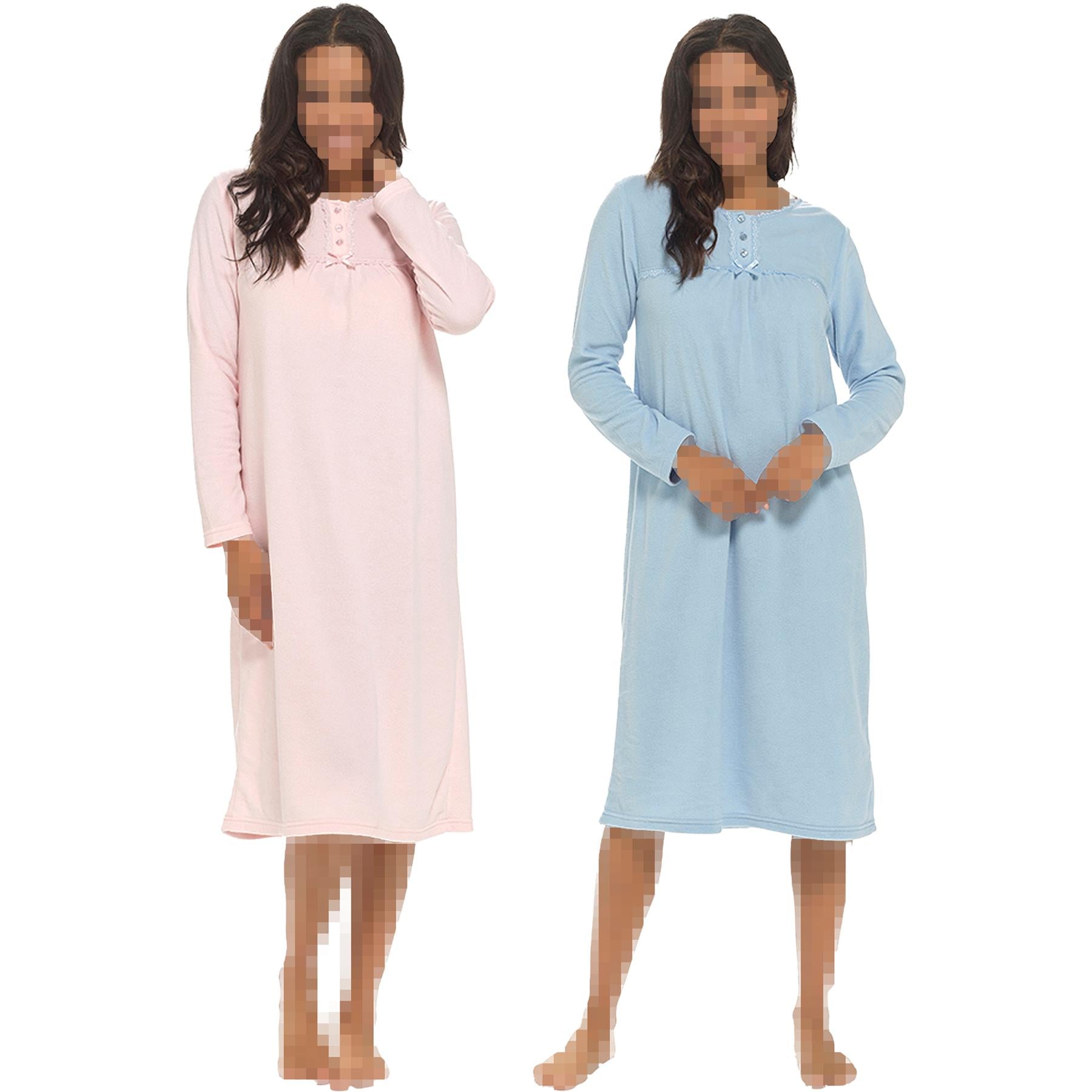 Ladies Nightie Polar Fleece Womens Nightgown Soft Feel Button Placket Sleepwear