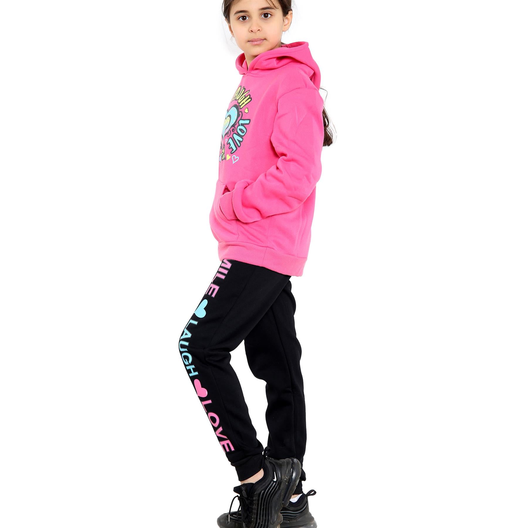 A2Z 4 Kids Girls Tracksuit Smile Laugh Love Print Hooded Top Bottoms Outfit Set