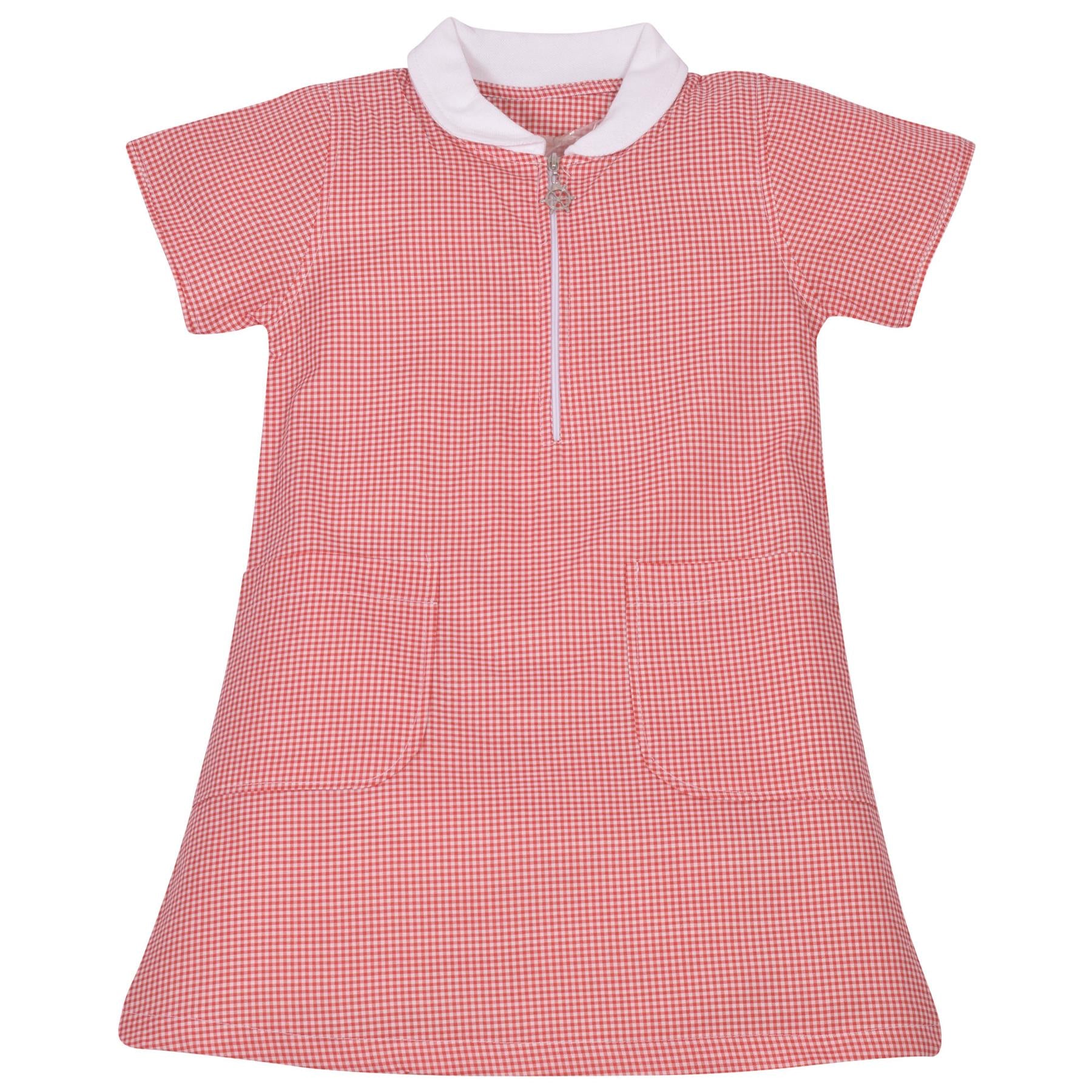 Girls Gingham School Dress Short Sleeve Check Zip Up Dresses With Scrunchies