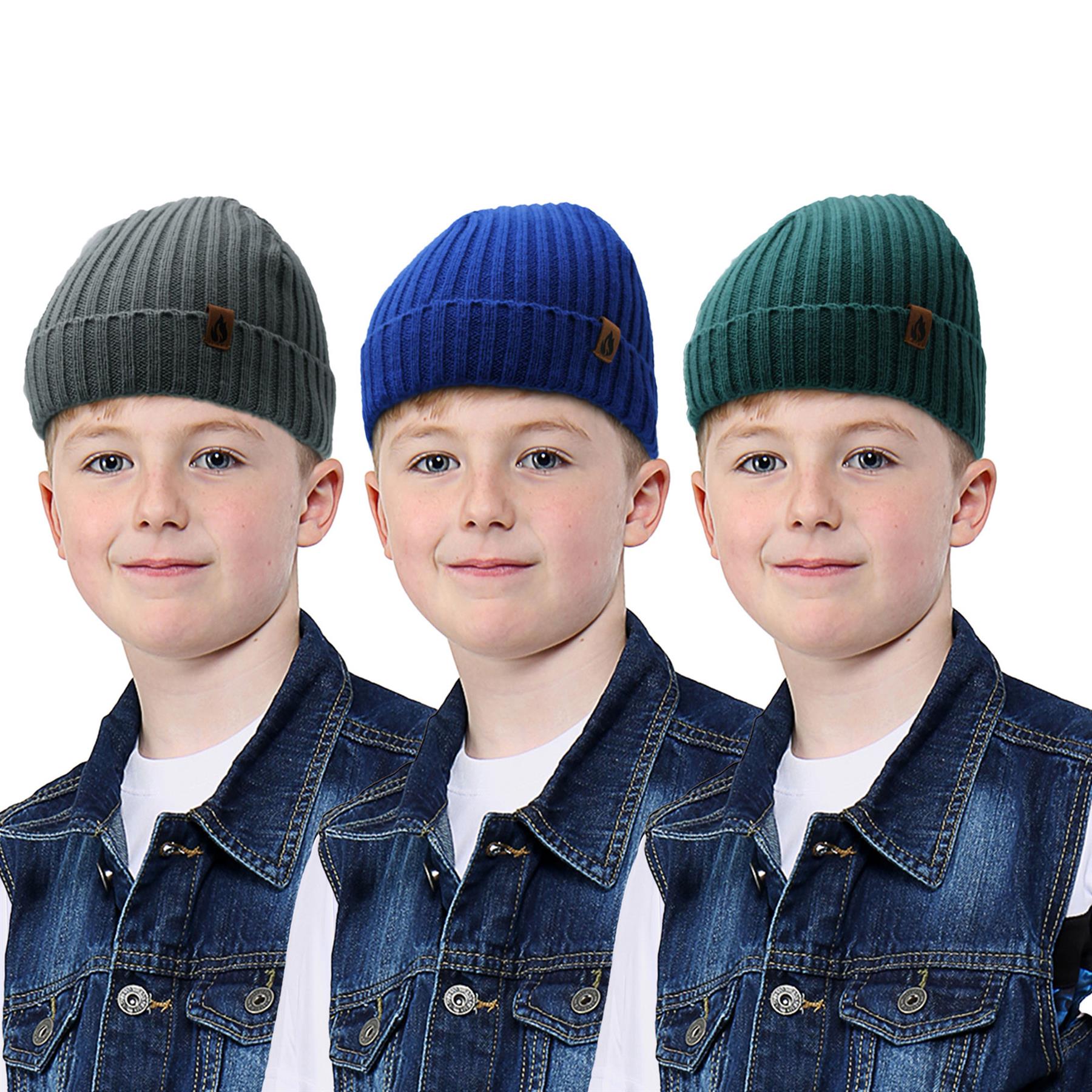 Kids Boys Hat 3 Pack Ribbed Winter Warm Cosy Fashionable Indoor Outdoor Hats