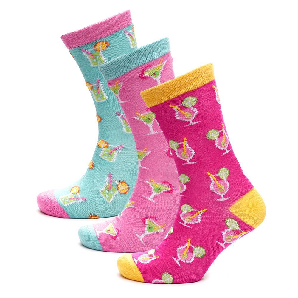 Ladies 3 Pack Black Heel & Toe Pattern Stripe Spot Novelty Drinks Cakes Design