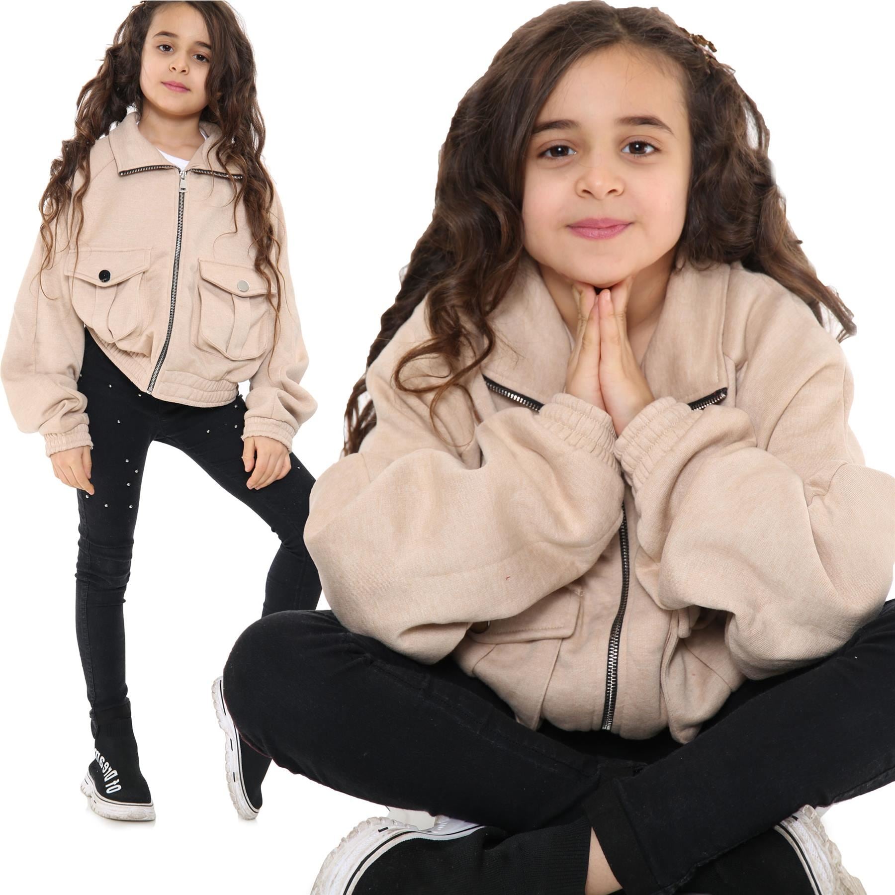 Kids Girls Plain Zip Up Cropped Stone Jackets Utility Pockets Fleece Coats 7-13Y