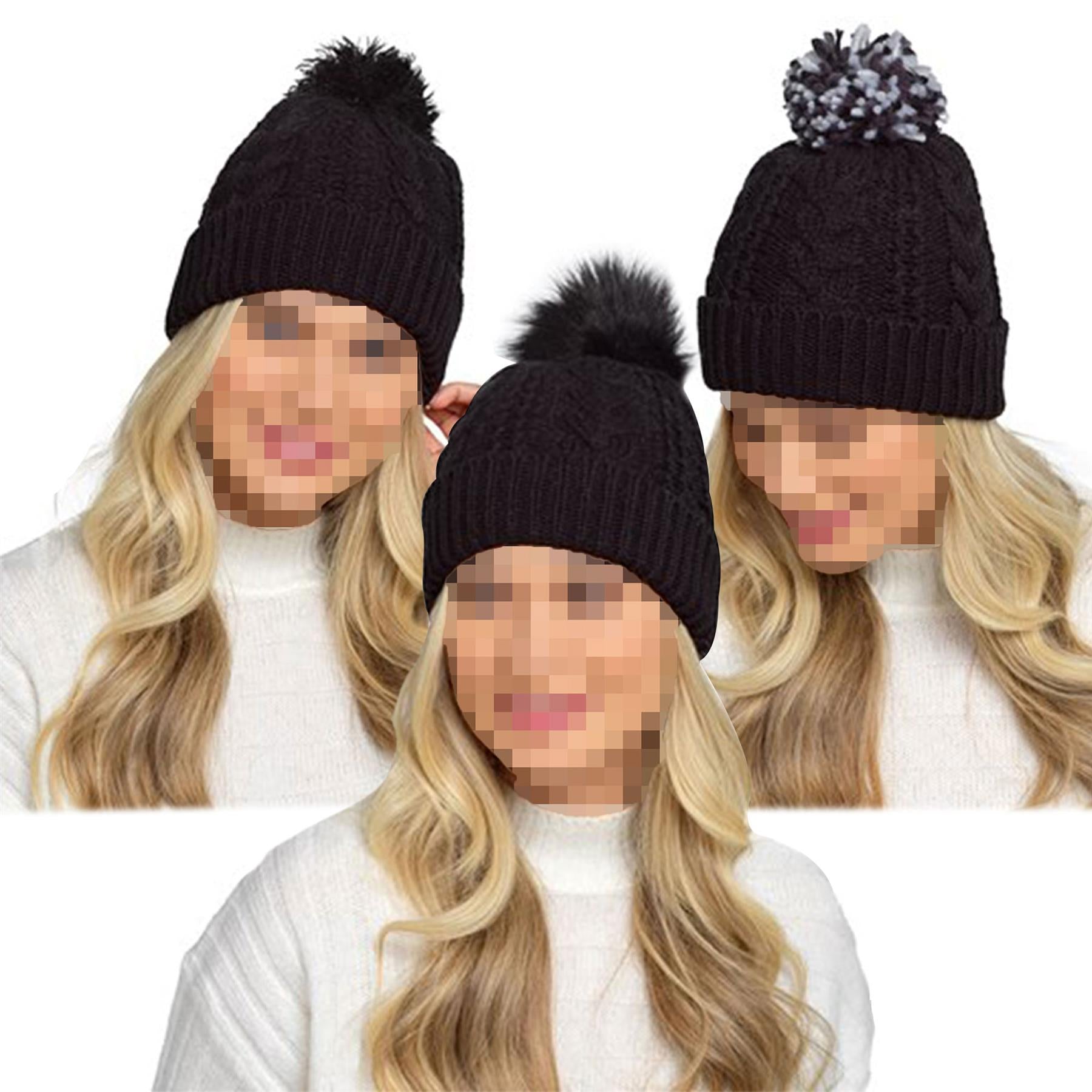 A2Z Ladies Hat Cable Knitted Detachable Pom Pom Stretchy Winter Warm Cazy Caps