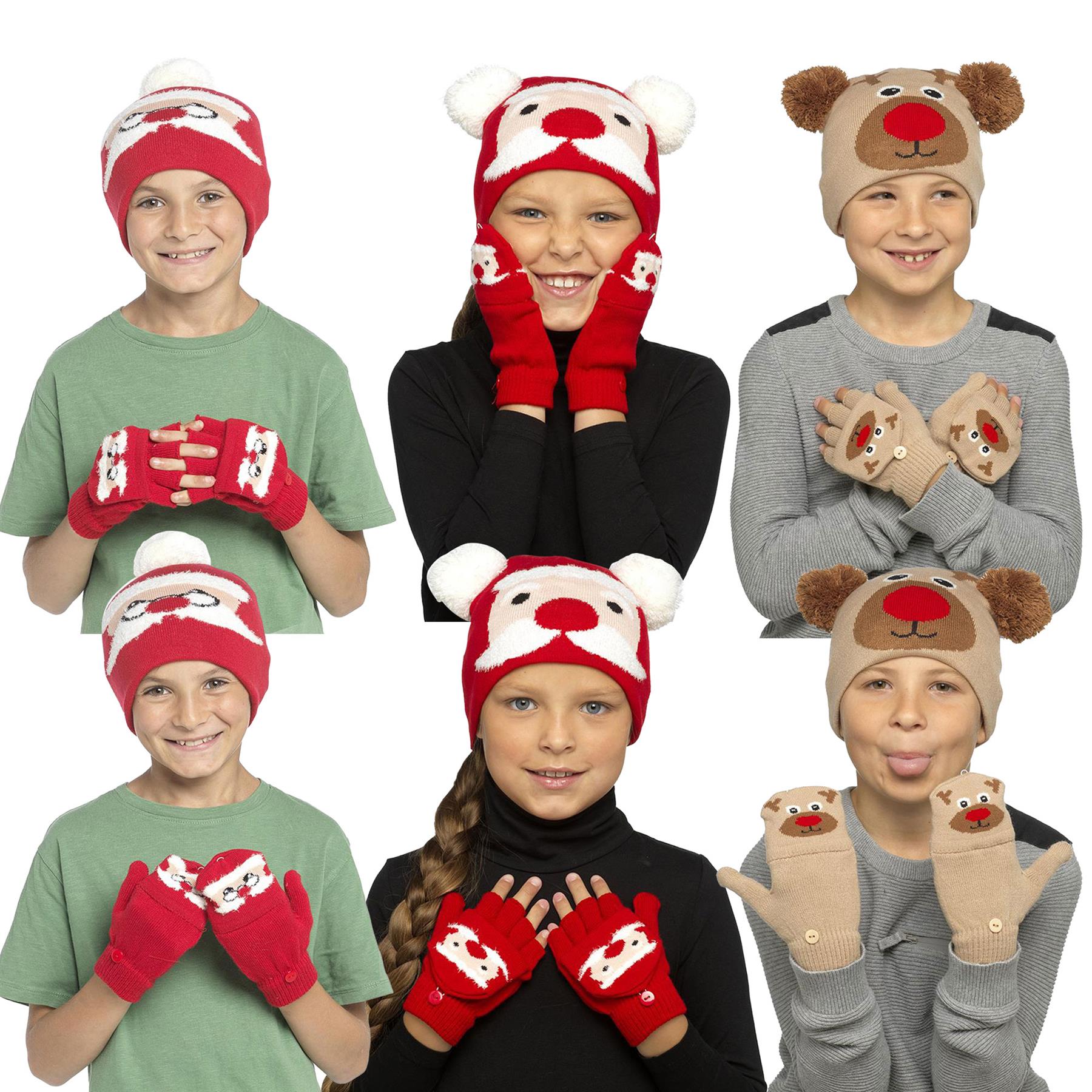 A2Z 4 Kids Girls Boys Hat Xmas Rudolph Santa Mitten Hats Winter Warm Gloves Sets