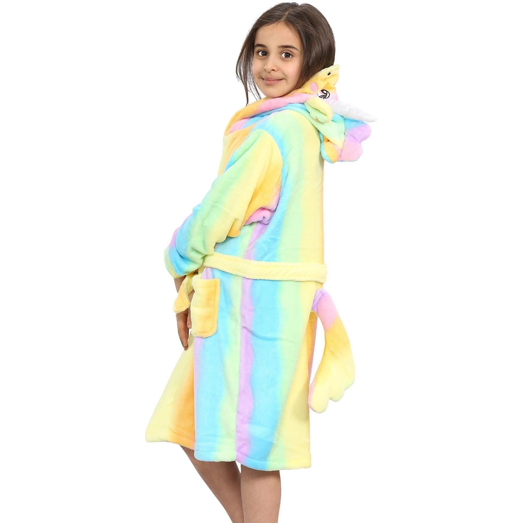 Kids Girls Unicorn Rainbow Print Hooded Bathrobe 3D Xmas Gown