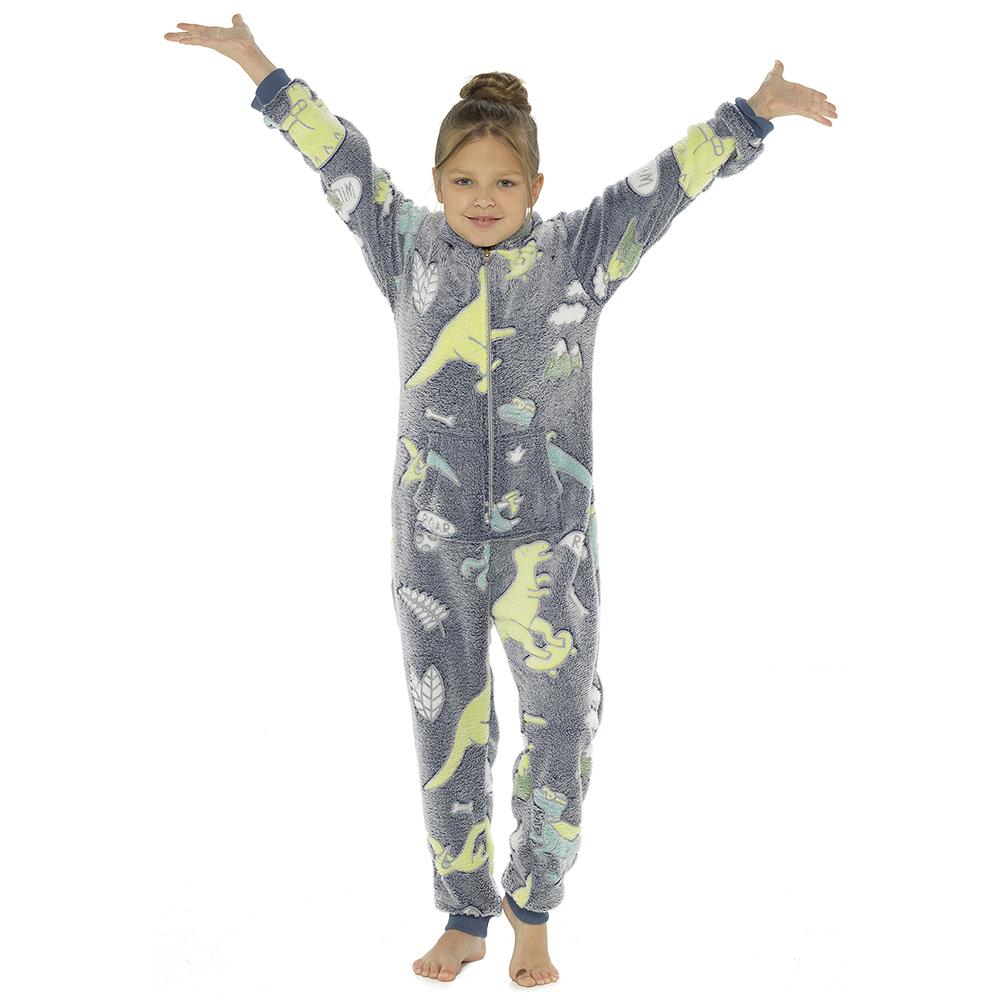 Kids Girls Boys Glow In The Dark Soft Cosy Flannel Fleece Onesie Fluffy One Piece Sleepwear Pyjamas Loungewear