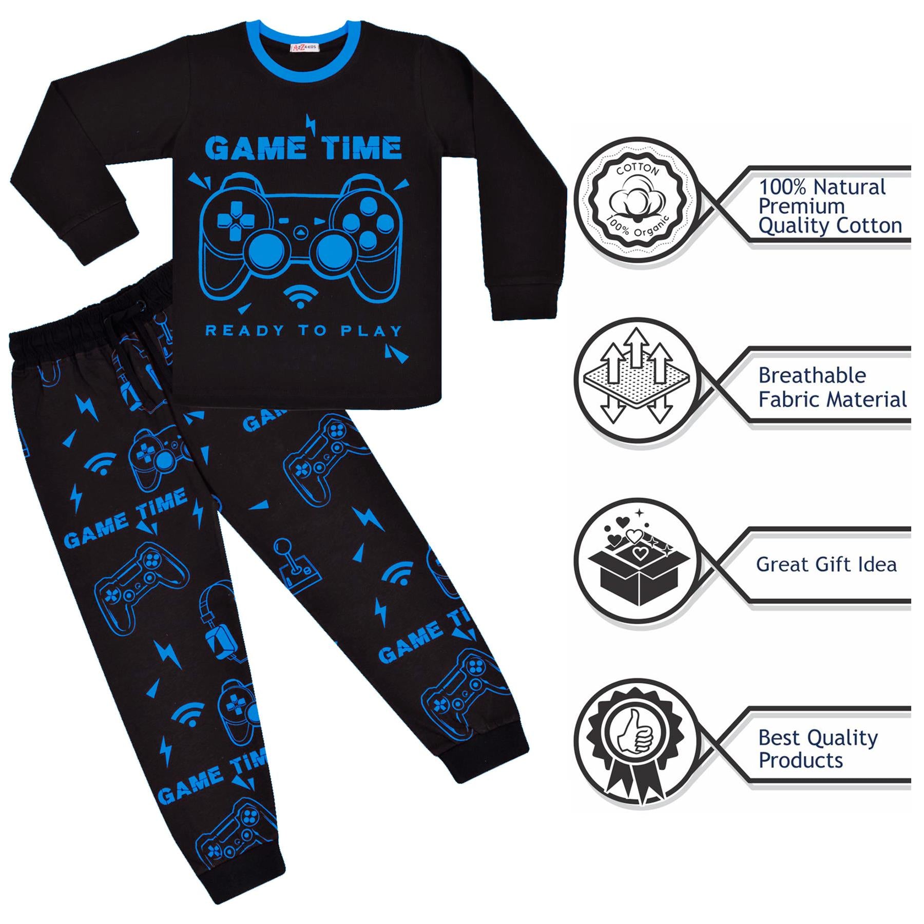 Kids Girls Boys Game Time Black Print Pyjamas Set