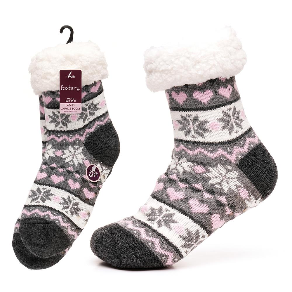 A2Z Ladies Fairisle Lounge Socks With Sherpa Lining Gripper Anti Slip Women Sock