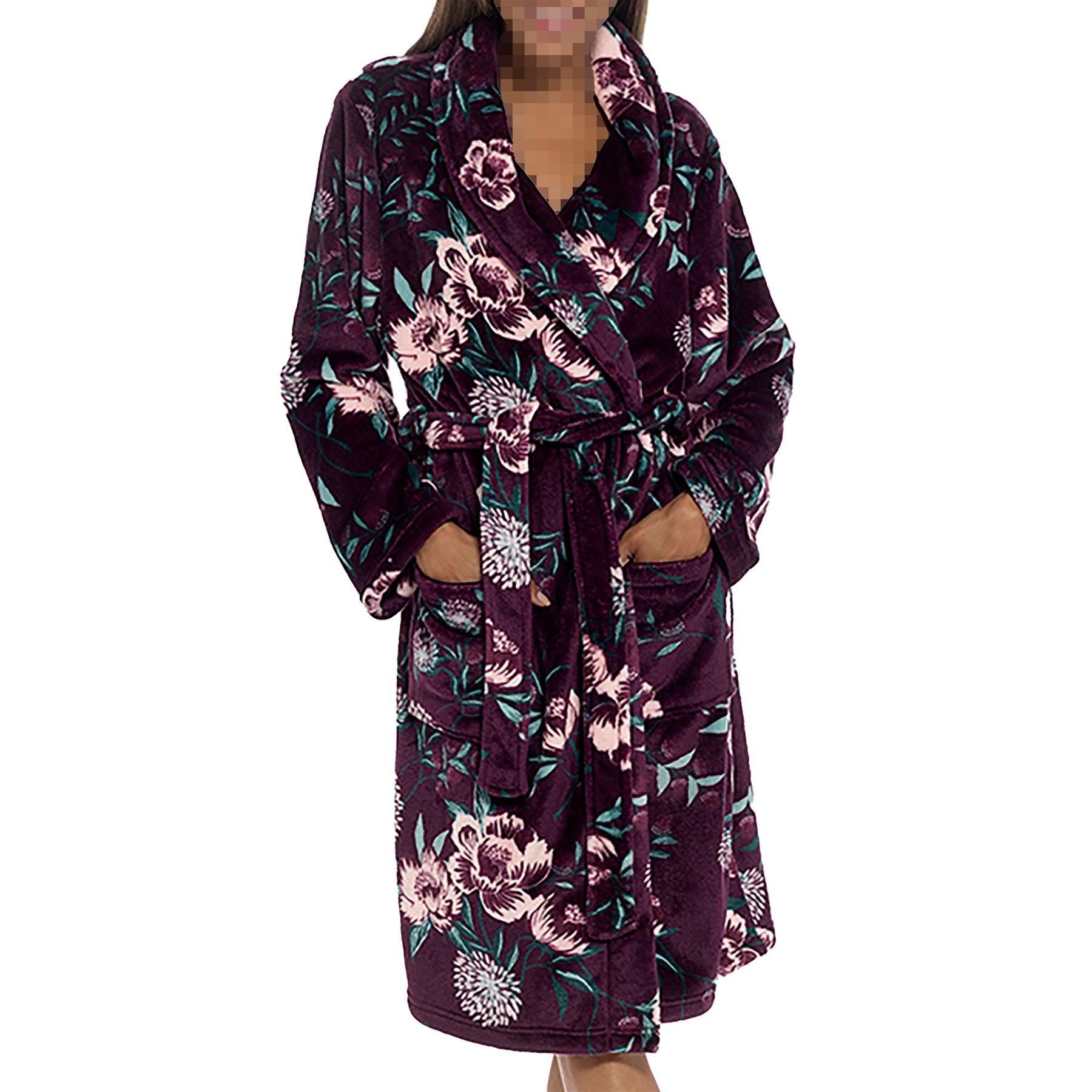 A2Z Women's Luxurious Floral Print Fleece Robe Winter Shawl Collar Dressing Gown