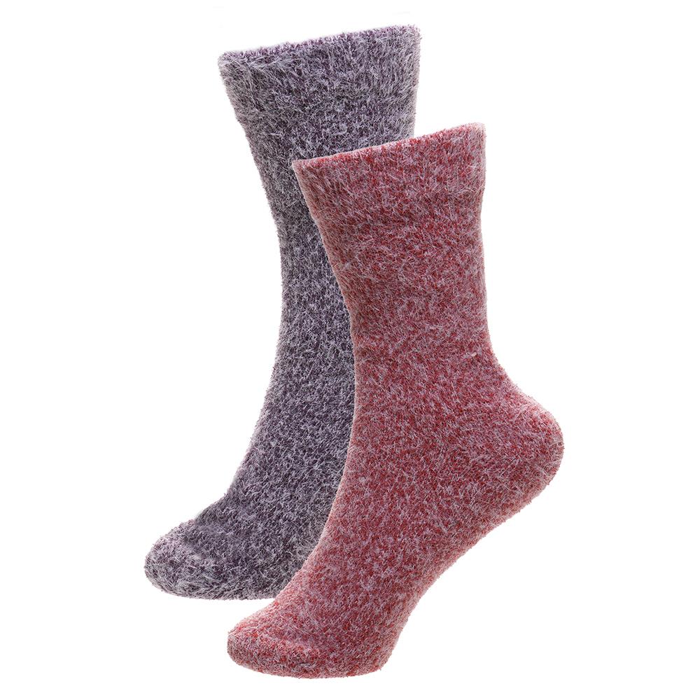 Ladies 2 Pack Soft Twist Yarn Cosy Socks Heather Grey & Red Warm Fairisle Socks