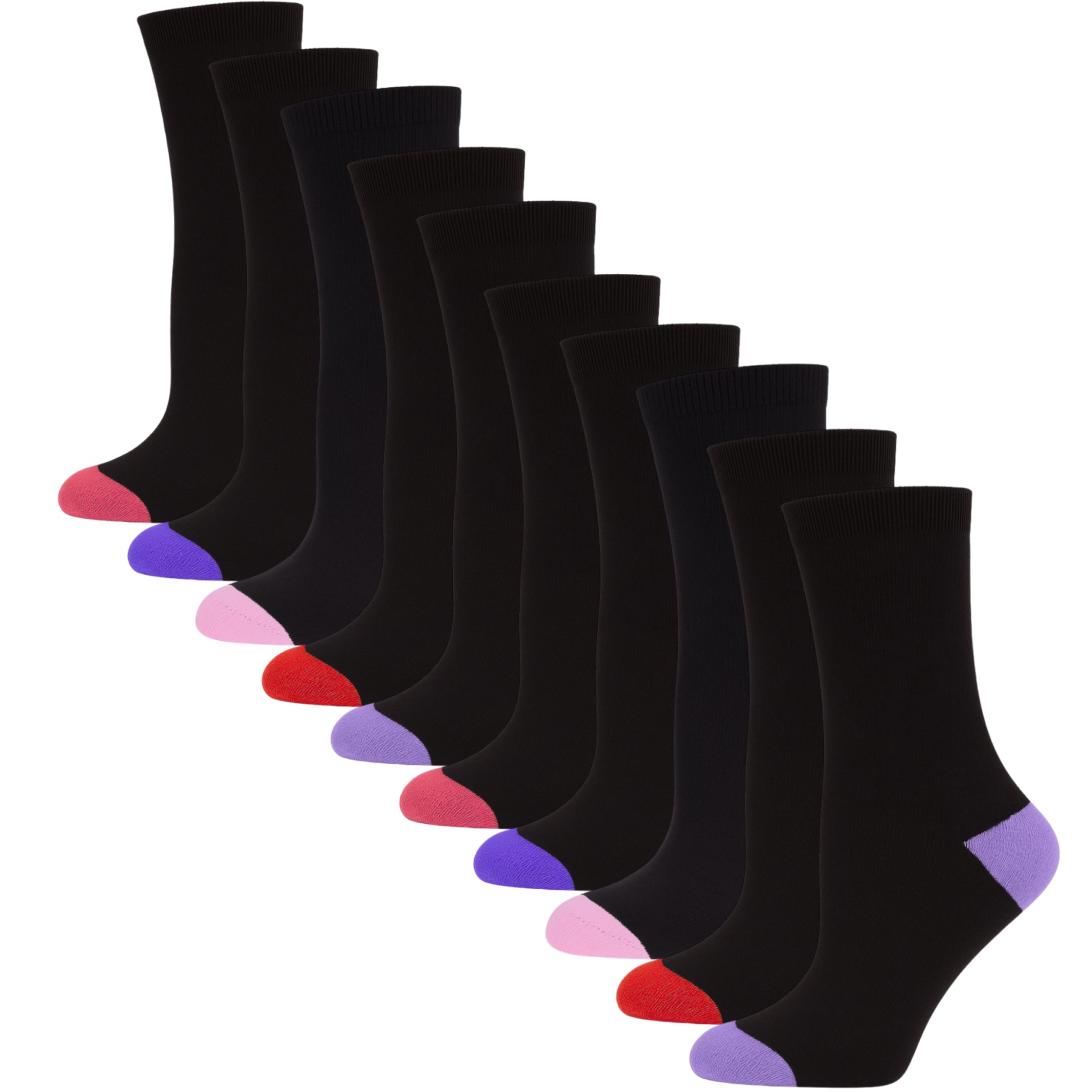 Women Plain Cotton Crew Socks Multipack Contrast Heel Toe Casual Ladies Socks