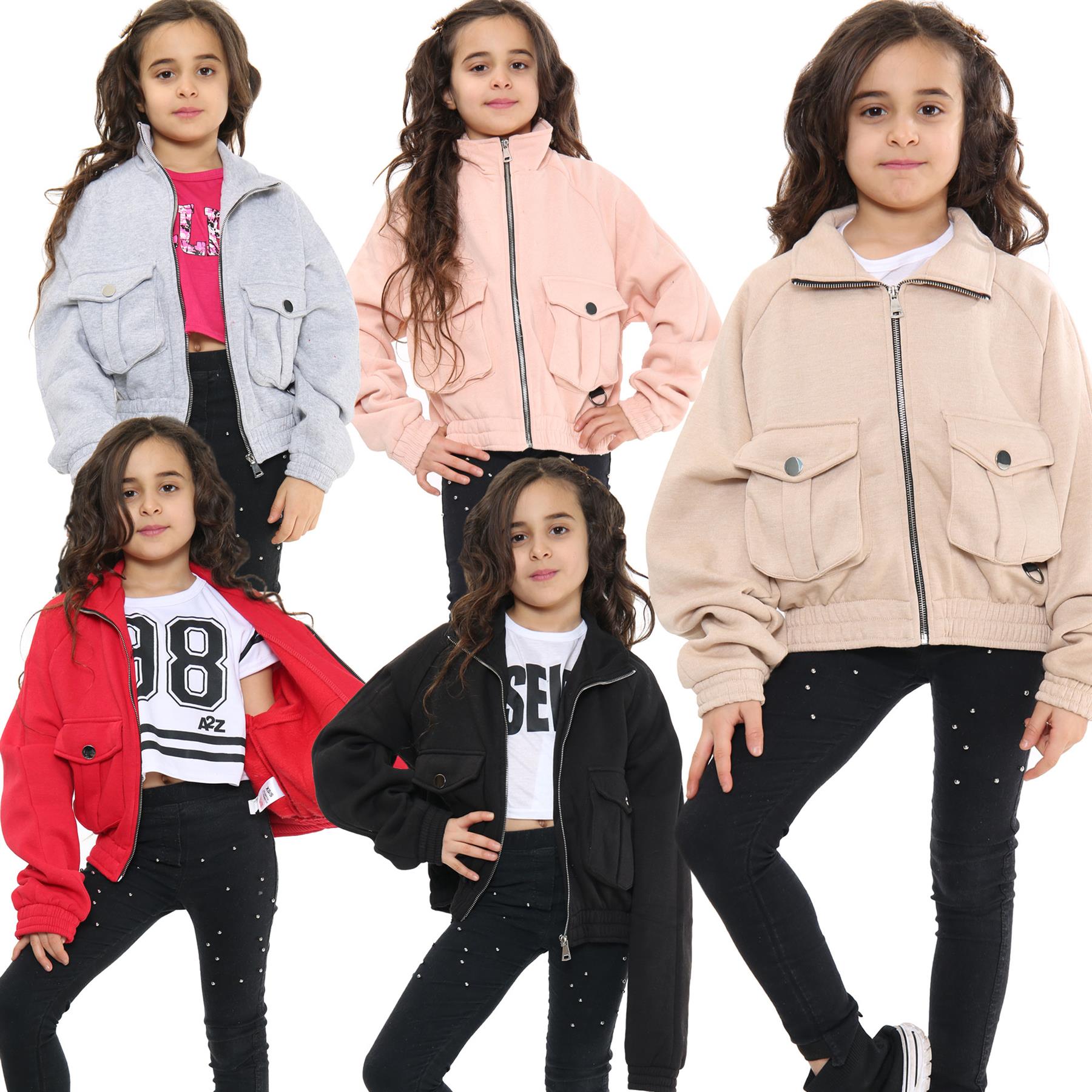 Kids Girls Plain Zip Up Cropped Jackets Utility Pockets Fleece Collared Coats