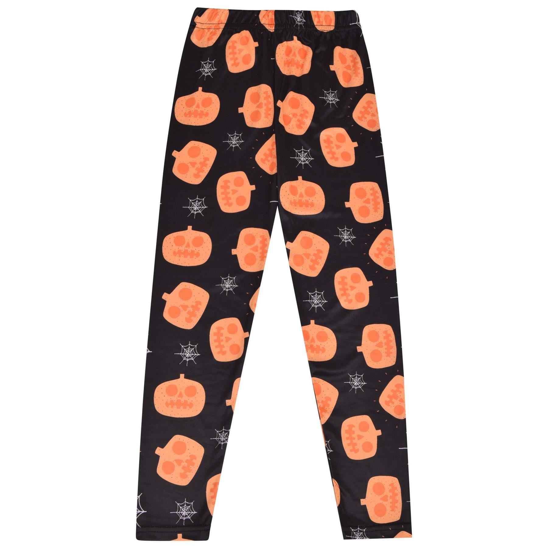 Girls Pumpkins & Spider Web Print Black Soft Stretchy Halloween Leggings