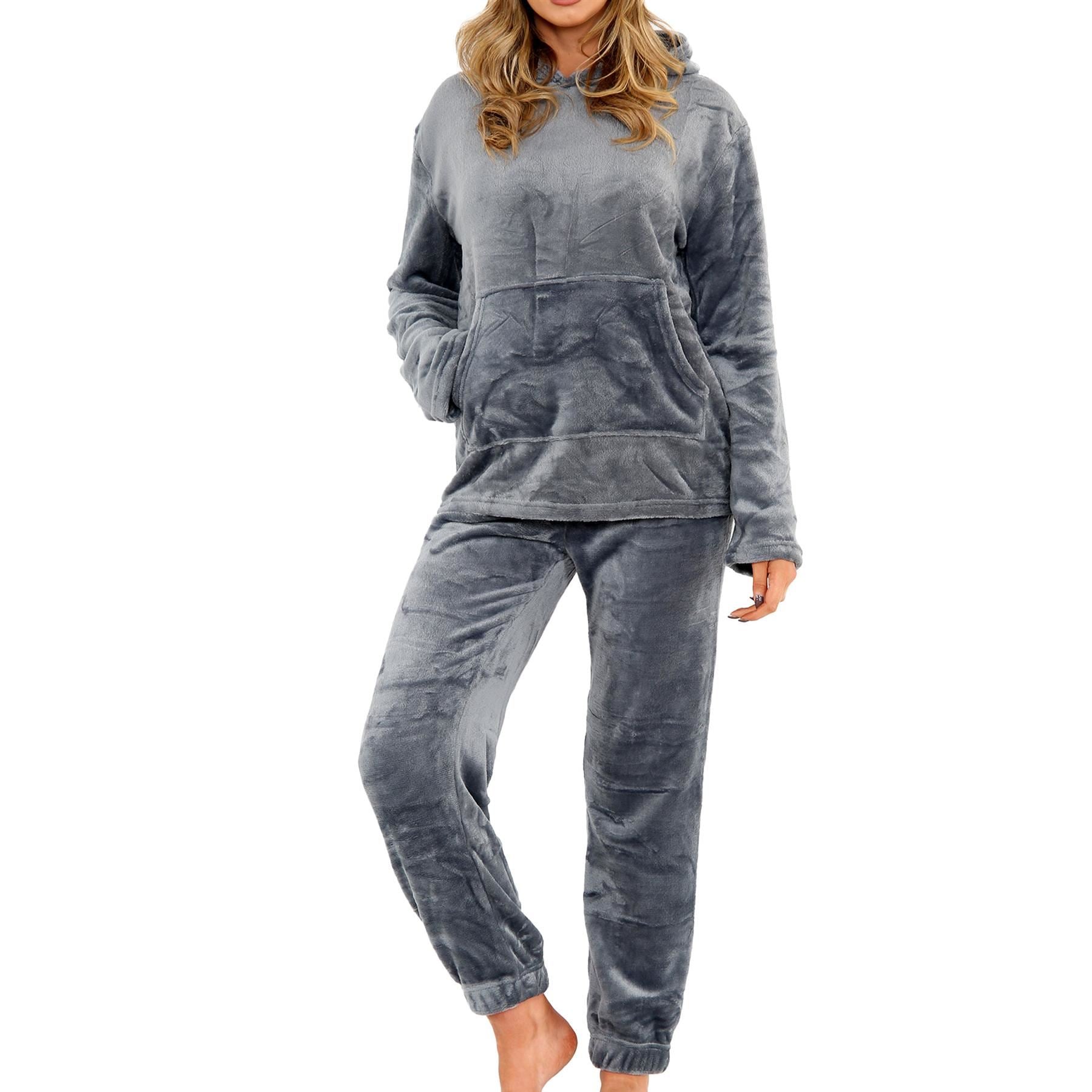 Ladies Pyjamas Soft Warm Fleece Adults Hooded Pyjamas 2 Piece Gift For Womens