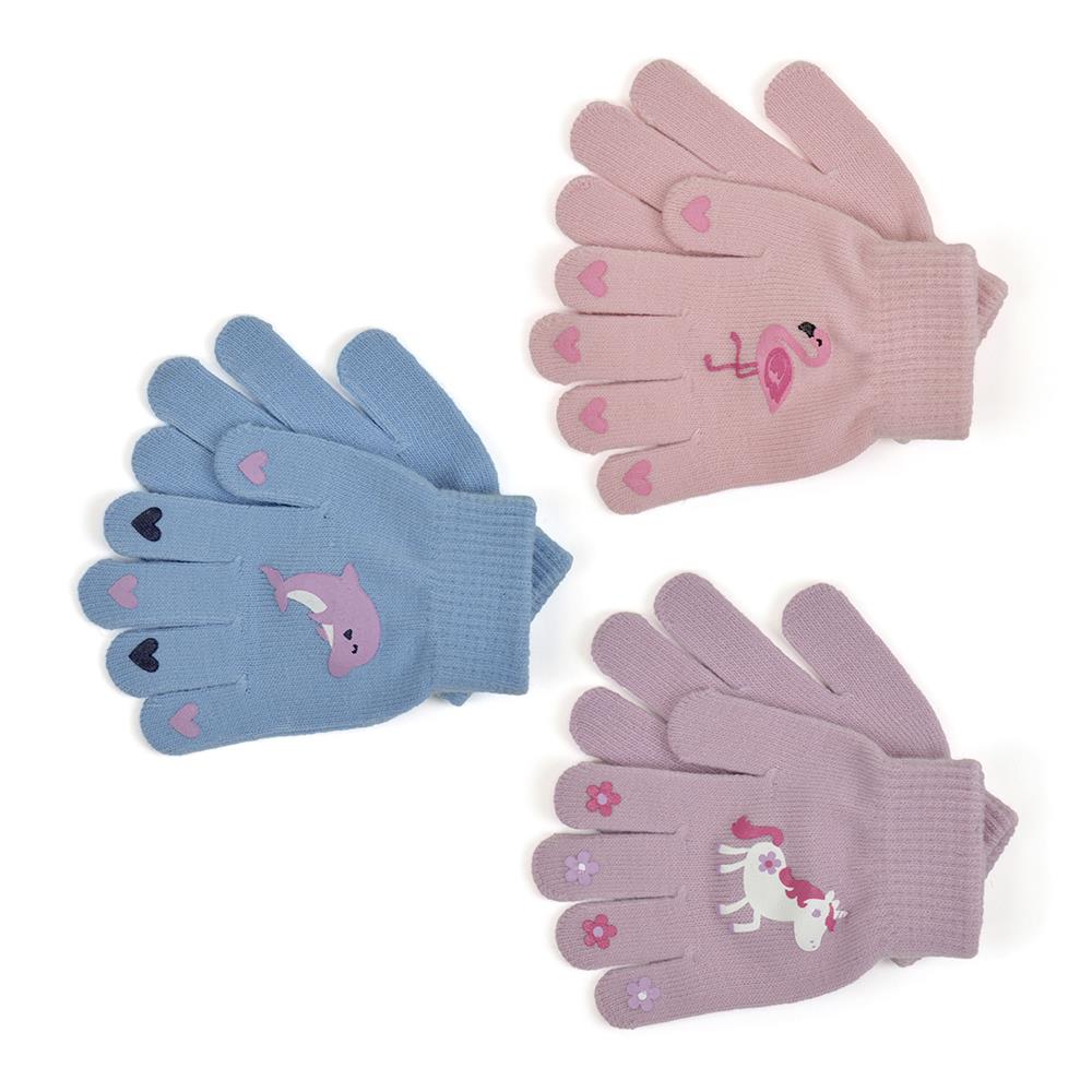 Girls 3 Pack Gloves Thermal Magic Flamingo Dolphin Unicorn Motif Warm Mittens