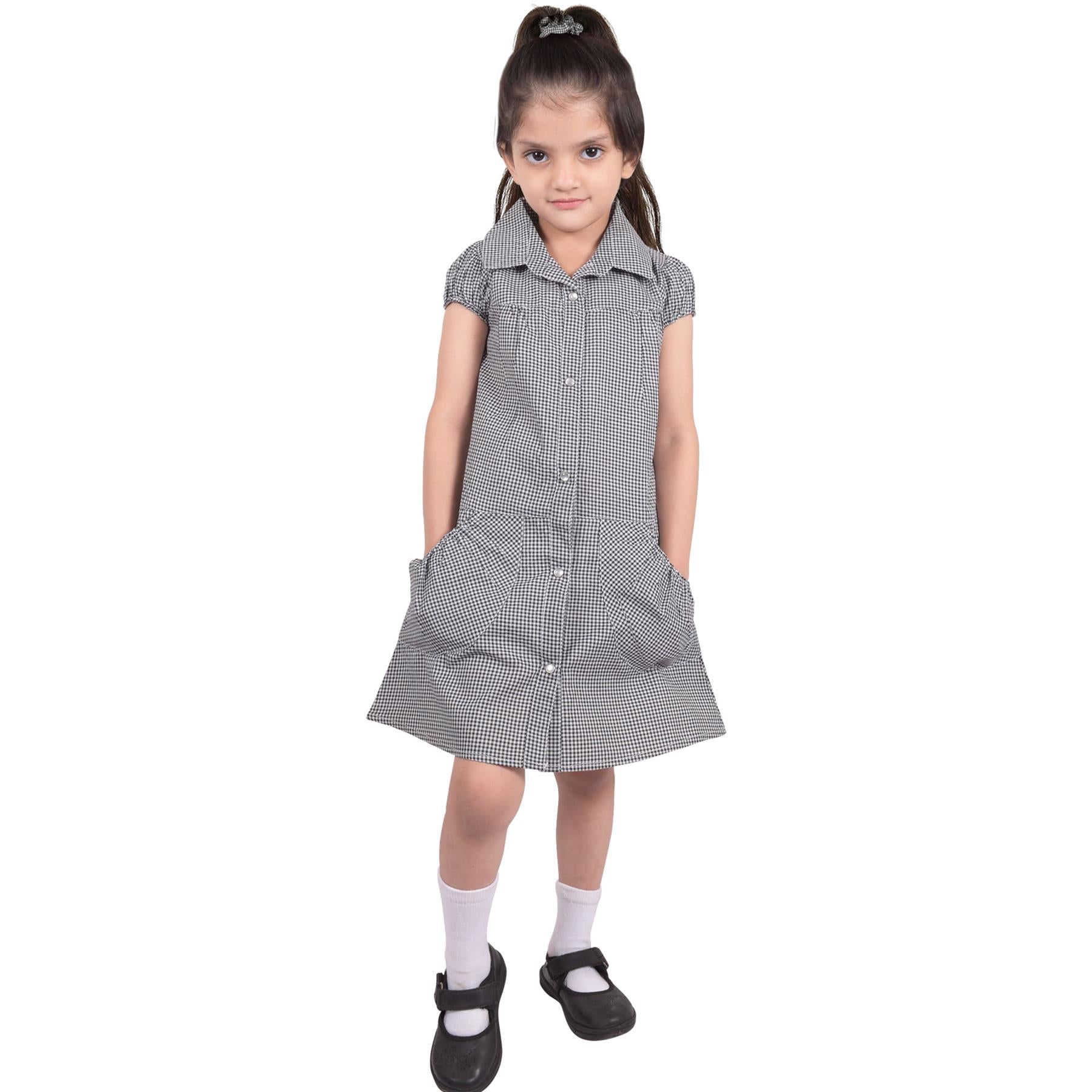 Girls Uniform School Dress Gingham Check Printed Dress With Matching Scrunchies