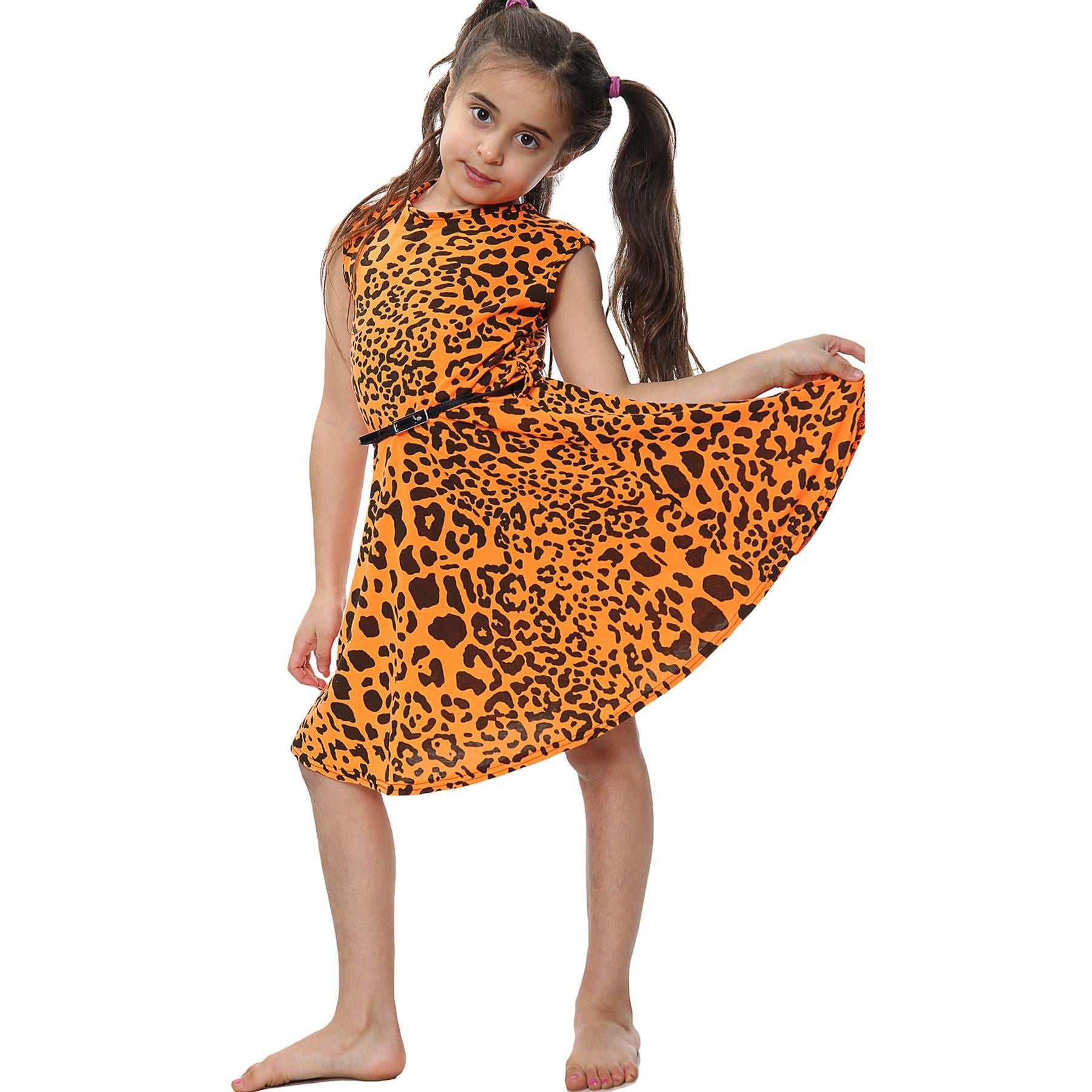 Kids Girls Skater Dress Leopard Summer Dresses With A Free Belt Age 5-13 Years