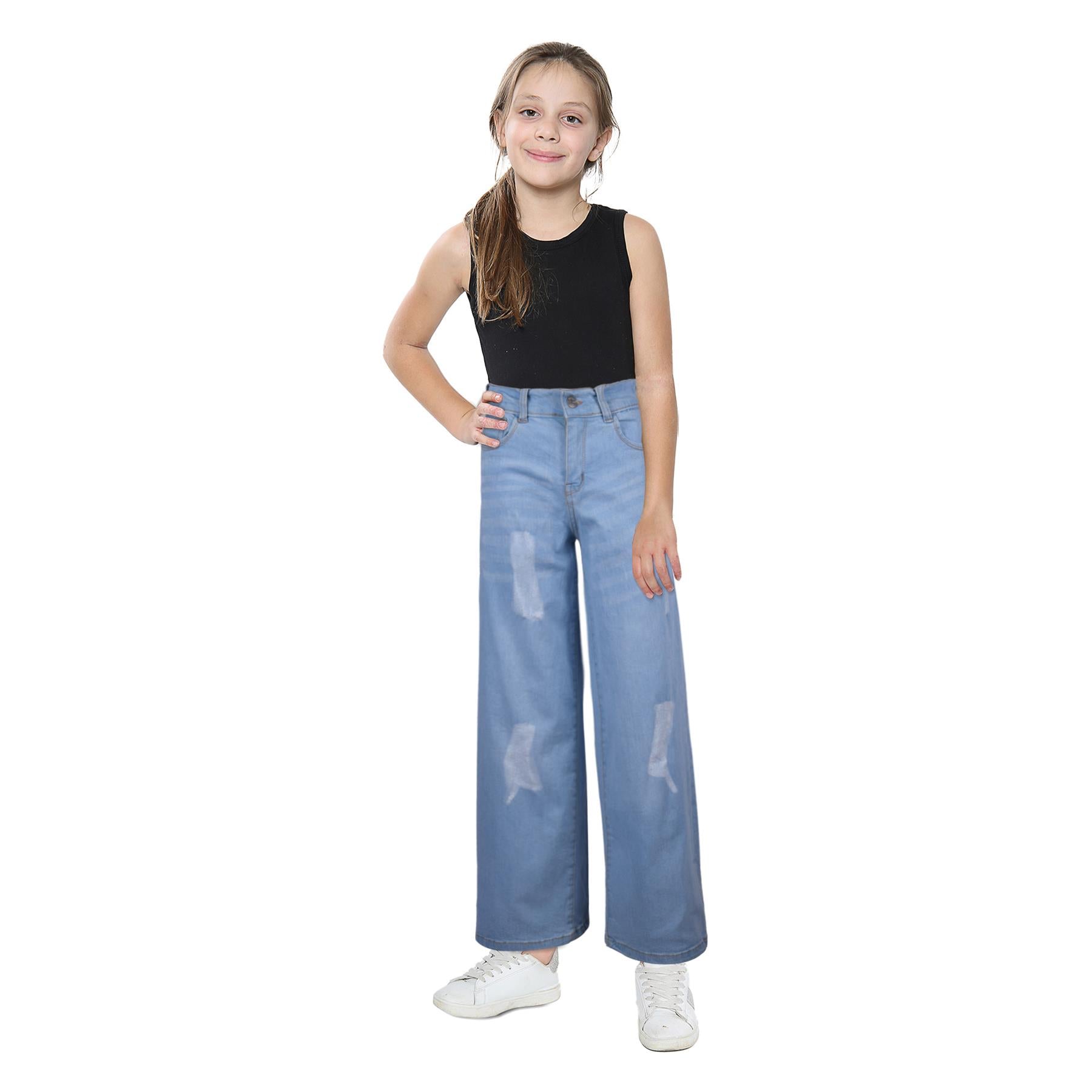 Kids Girls Palazzo Jeans Wide Leg Stretchy Denim Flared Fashion Baggy Pants 5-14