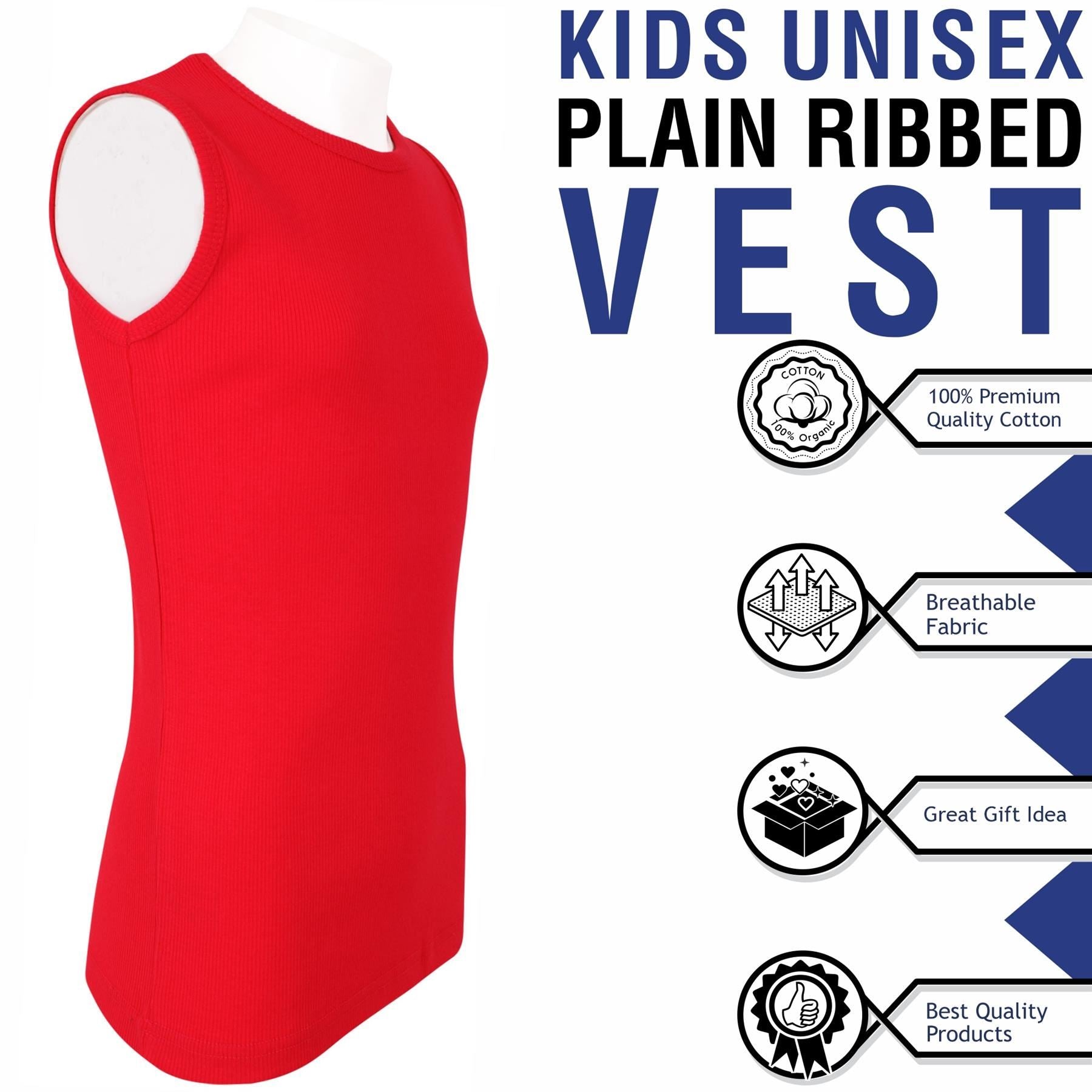 Kids Girls Boys Childrens Vest Top Tank Top Fitted 100% Rich Cotton 2-13 Years