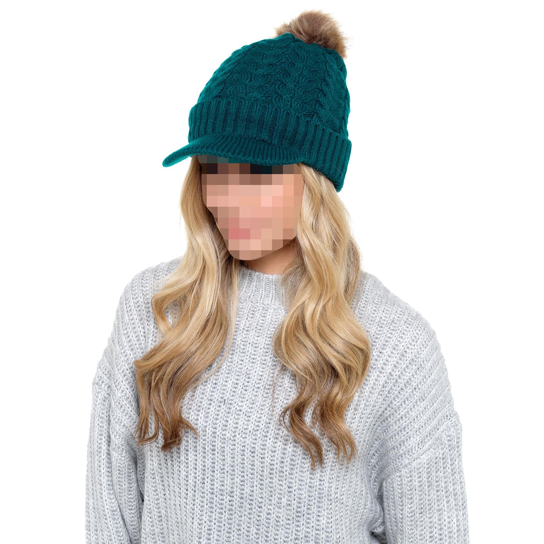 A2Z Ladies Hat Cable Knit Peaked Sherpa Detachable Pom Pom Winter Warm Cozy Caps