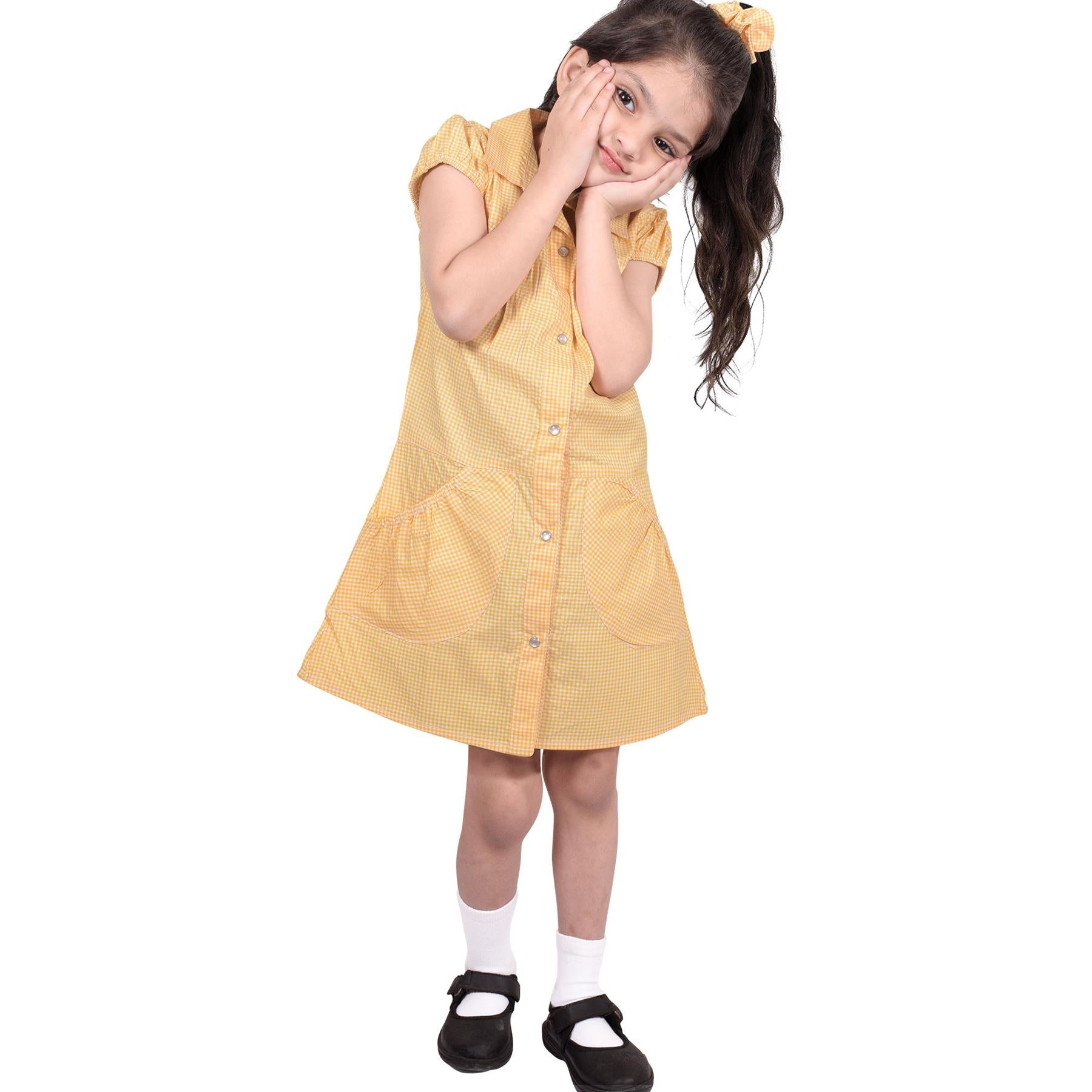 Girls Uniform School Dress Gingham Check Printed Dress With Matching Scrunchies