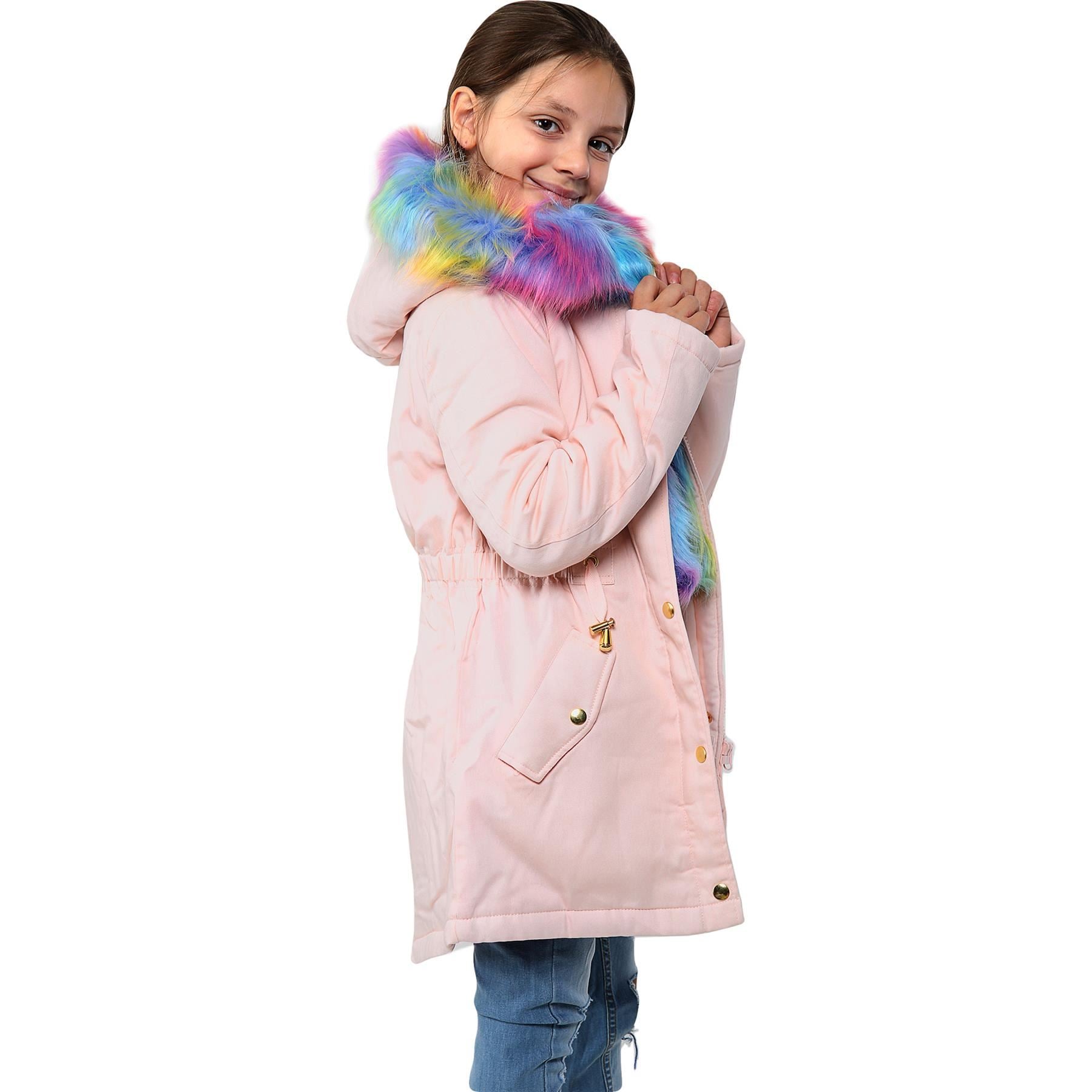 Kids Girls Hooded Coat Rainbow Faux Fur Baby Pink Parka School Jackets