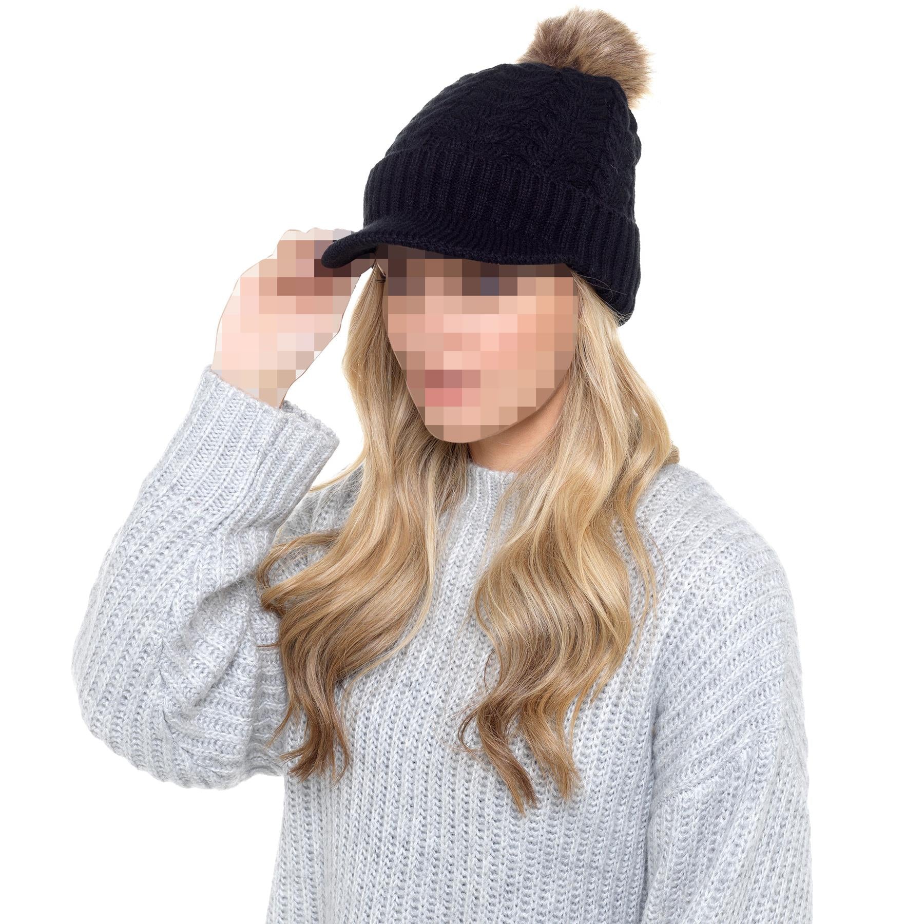 A2Z Ladies Hat Cable Knit Peaked Sherpa Detachable Pom Pom Winter Warm Cozy Caps