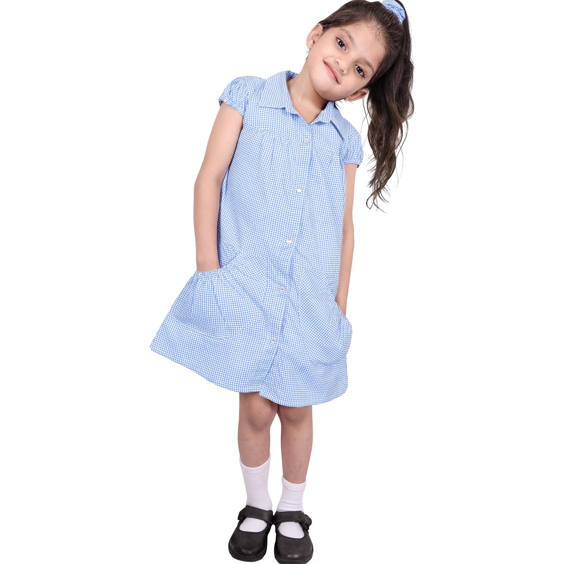 Girls Uniform School Dress Gingham Check Printed Dress With Matching Scrunchies