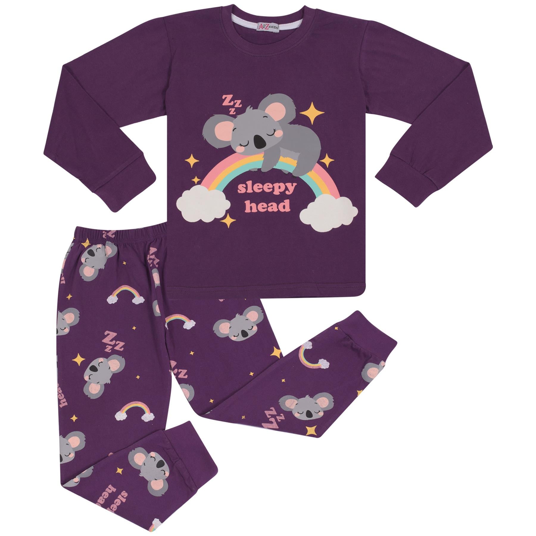 Kids Girls Pyjamas Rainbow & Koala Print Purple Lounge Suit Set