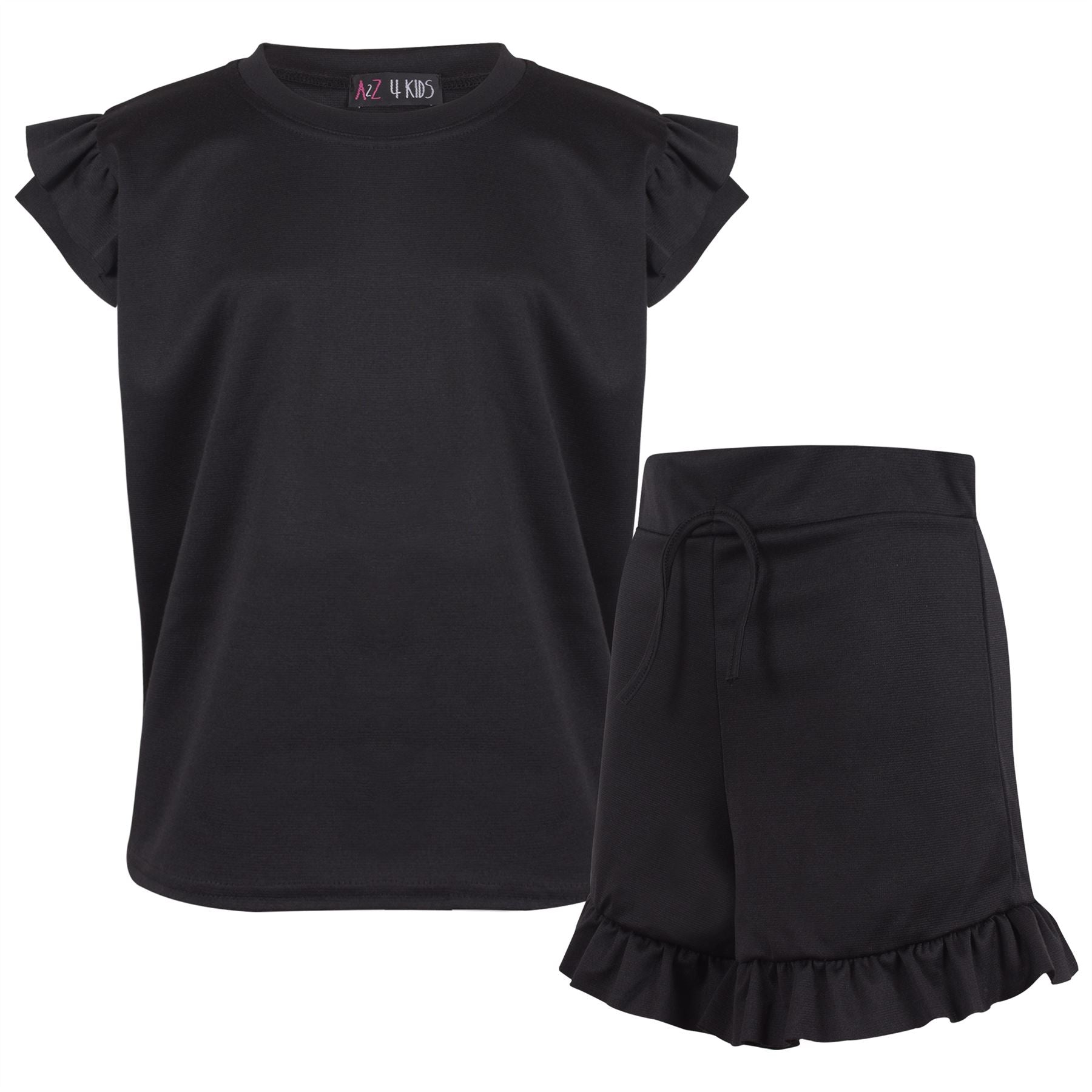 Kids Girls Flared Cap Sleeves Crop Top Plain Color T Shirt Top & Hot Shorts Set