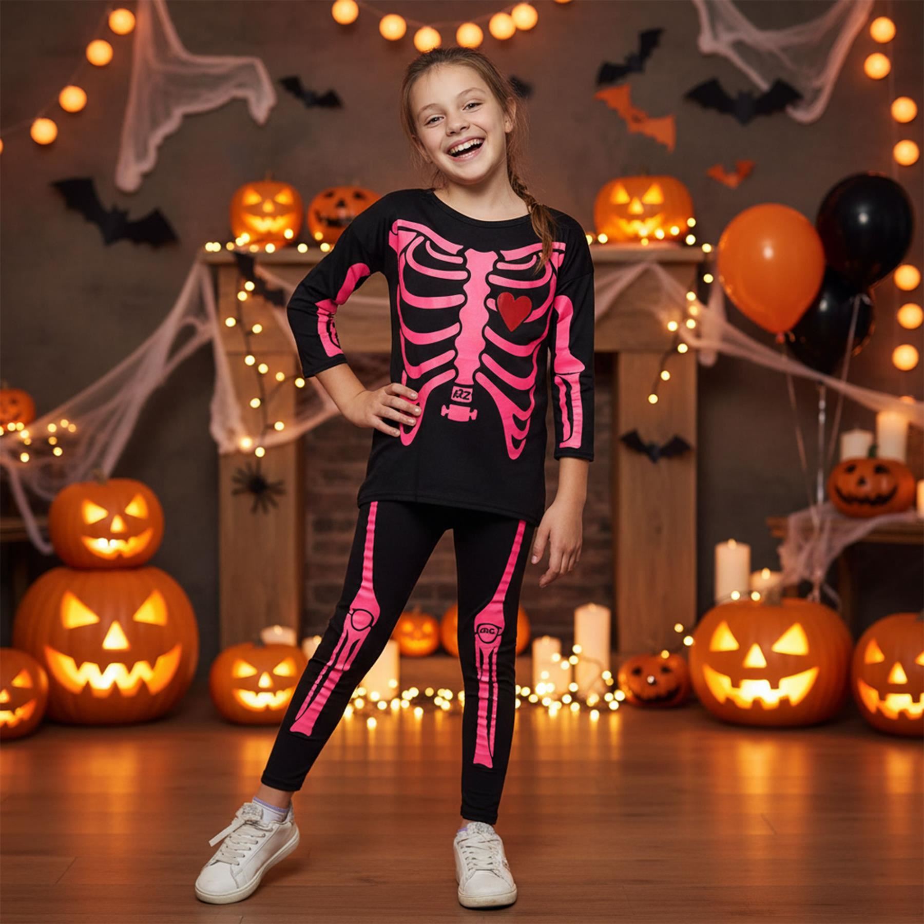 Kids Girls Skeleton Print Neon Pink Halloween Costume Set