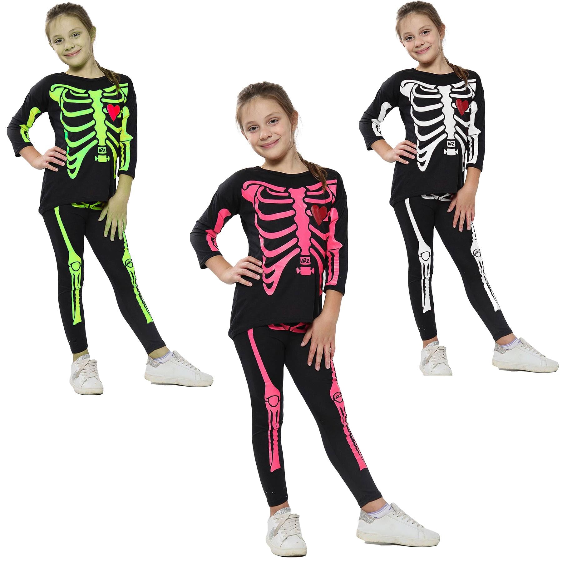 Kids Girls Skeleton Print Halloween Costume Set
