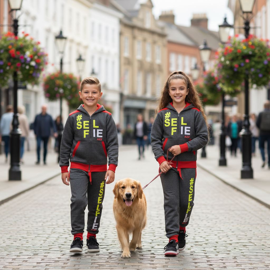 A2Z 4 Kids Girls Boys #SELFIE Tracksuit Hoodie & Joggers Outfit Set Top Bottom