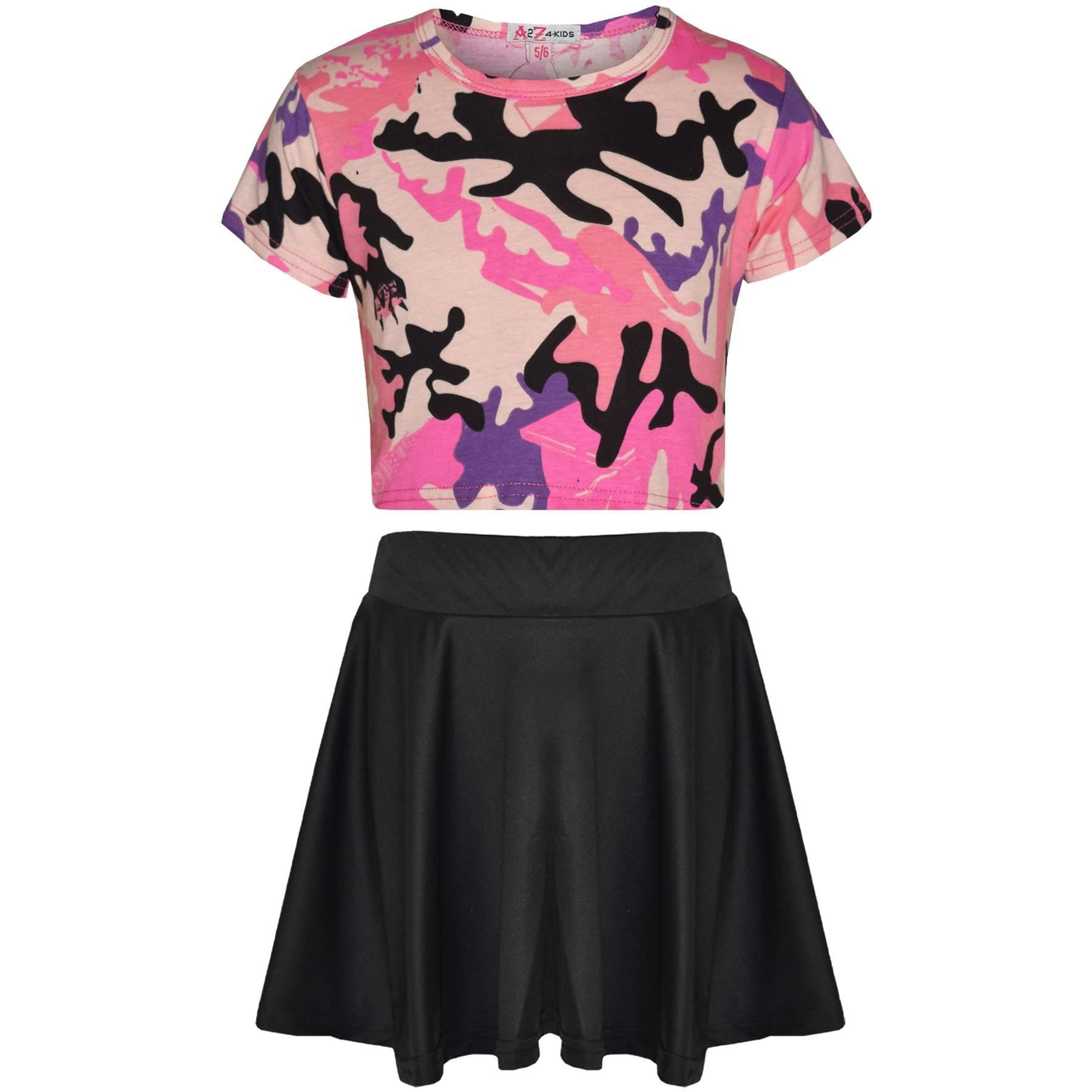 Kids Girls Camouflage Print Crop Top & Skater Skirt Summer Wear Outfit Set