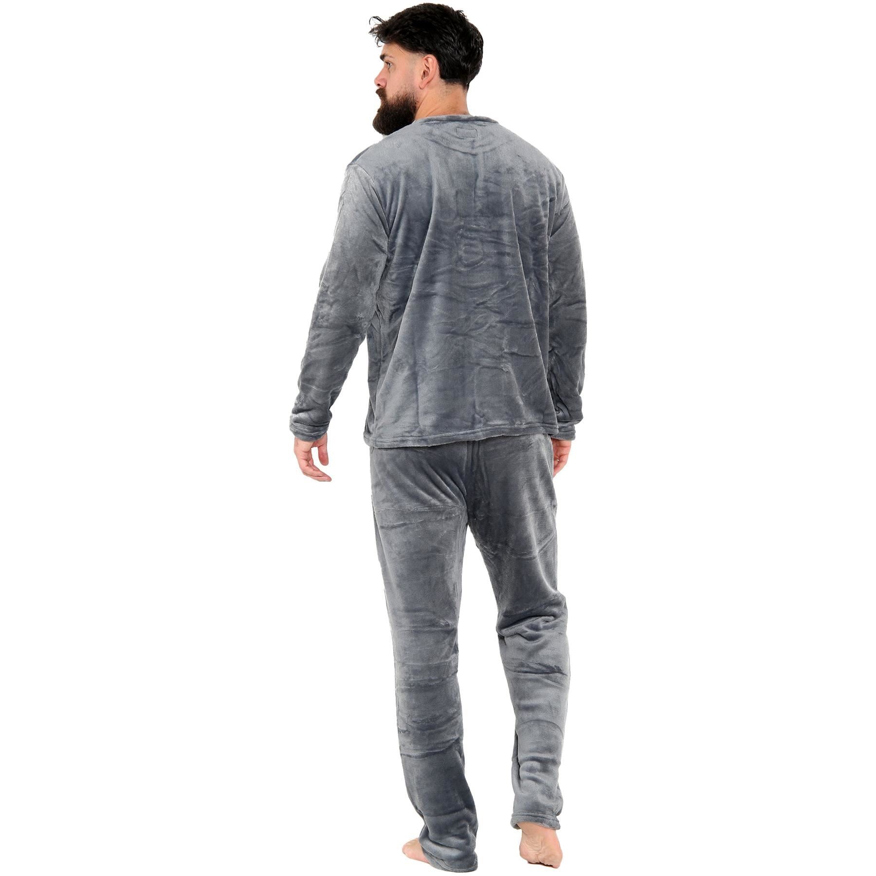 Mens Pyjamas Set Long Sleeve Crew Neck Plain Soft Fleece Pyjamas Set