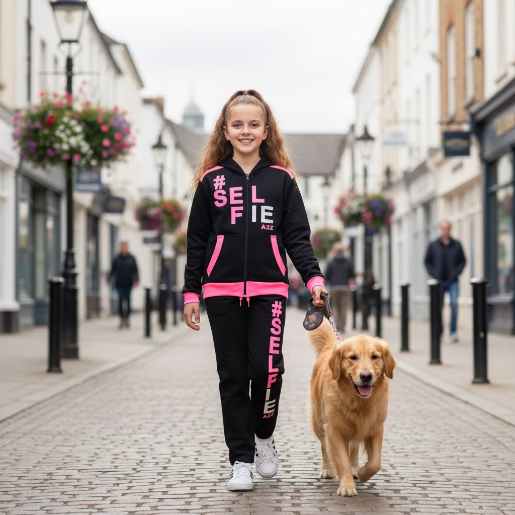 A2Z 4 Kids Girls Boys #SELFIE Tracksuit Hoodie & Joggers Outfit Set Top Bottom