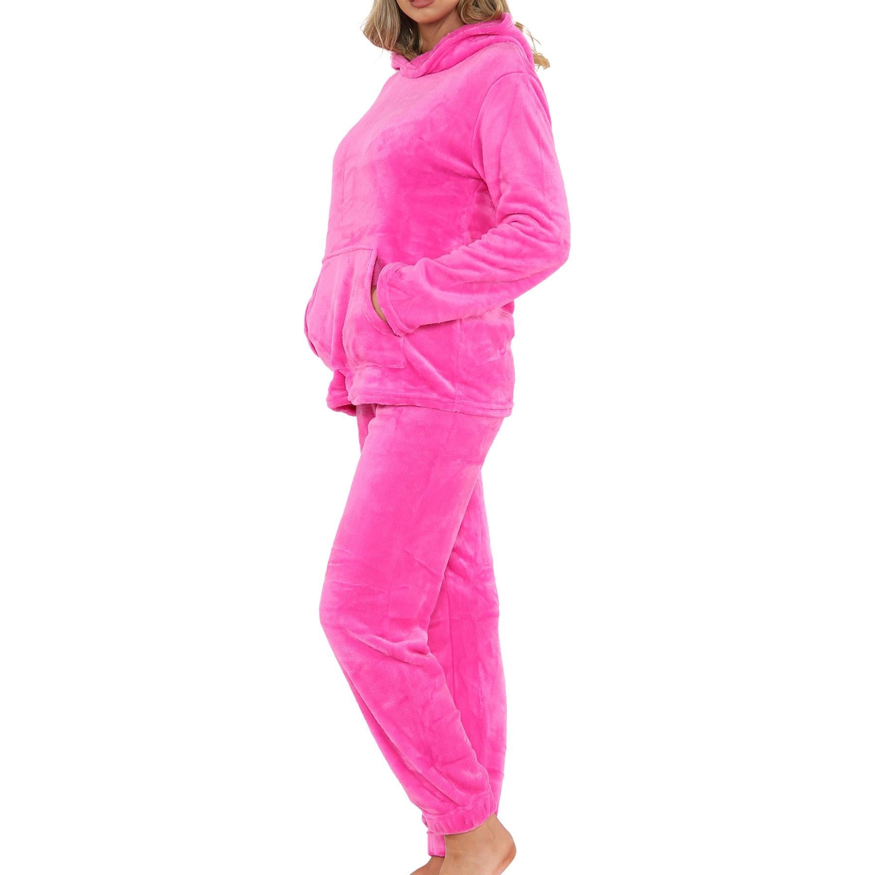 Ladies Pyjamas Set Long Sleeve Hooded Plain Soft Fleece Pyjamas Set