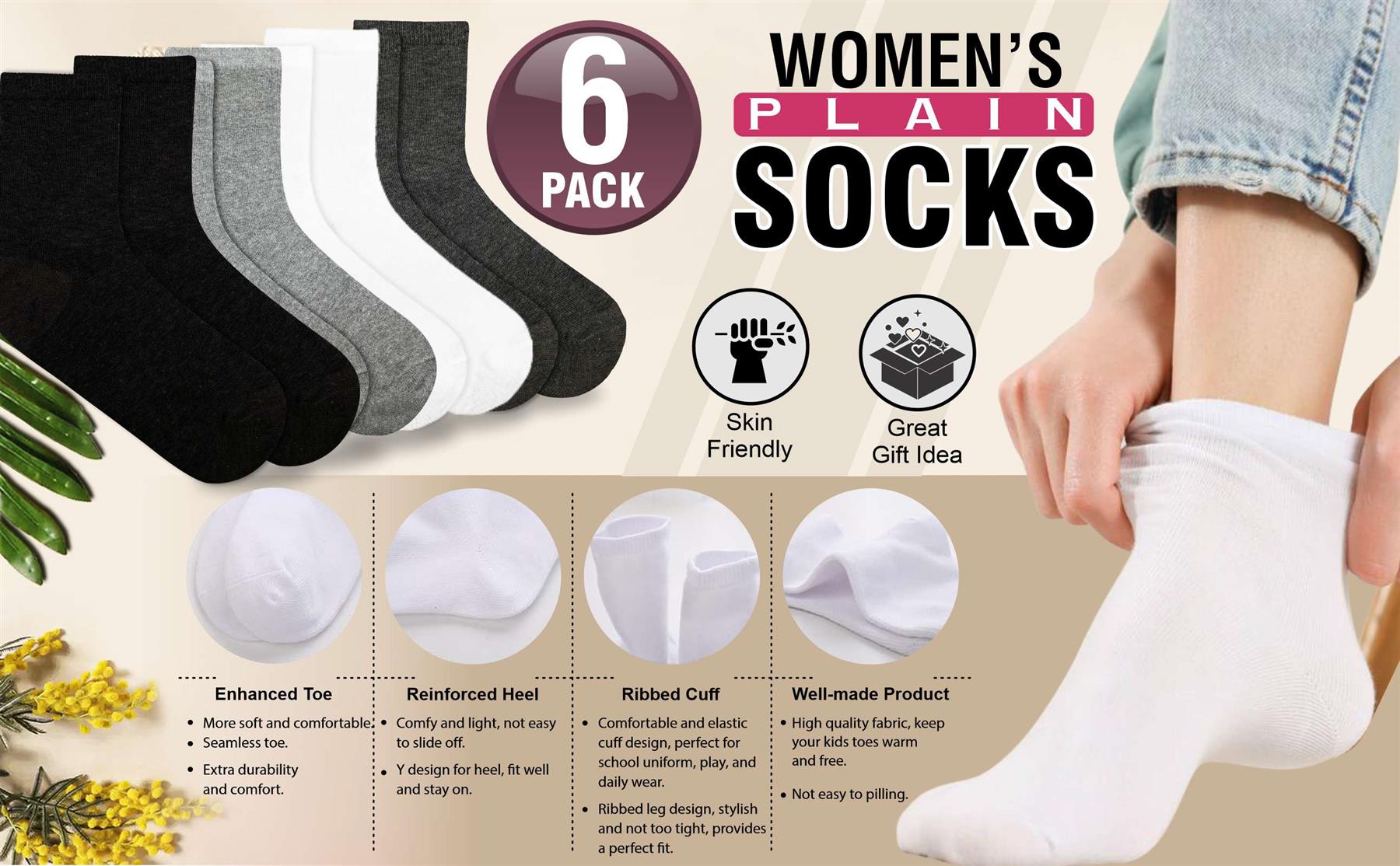 Ladies Cotton Rich Plain Socks Pack Of 6 Luxurious Soft Socks For Women
