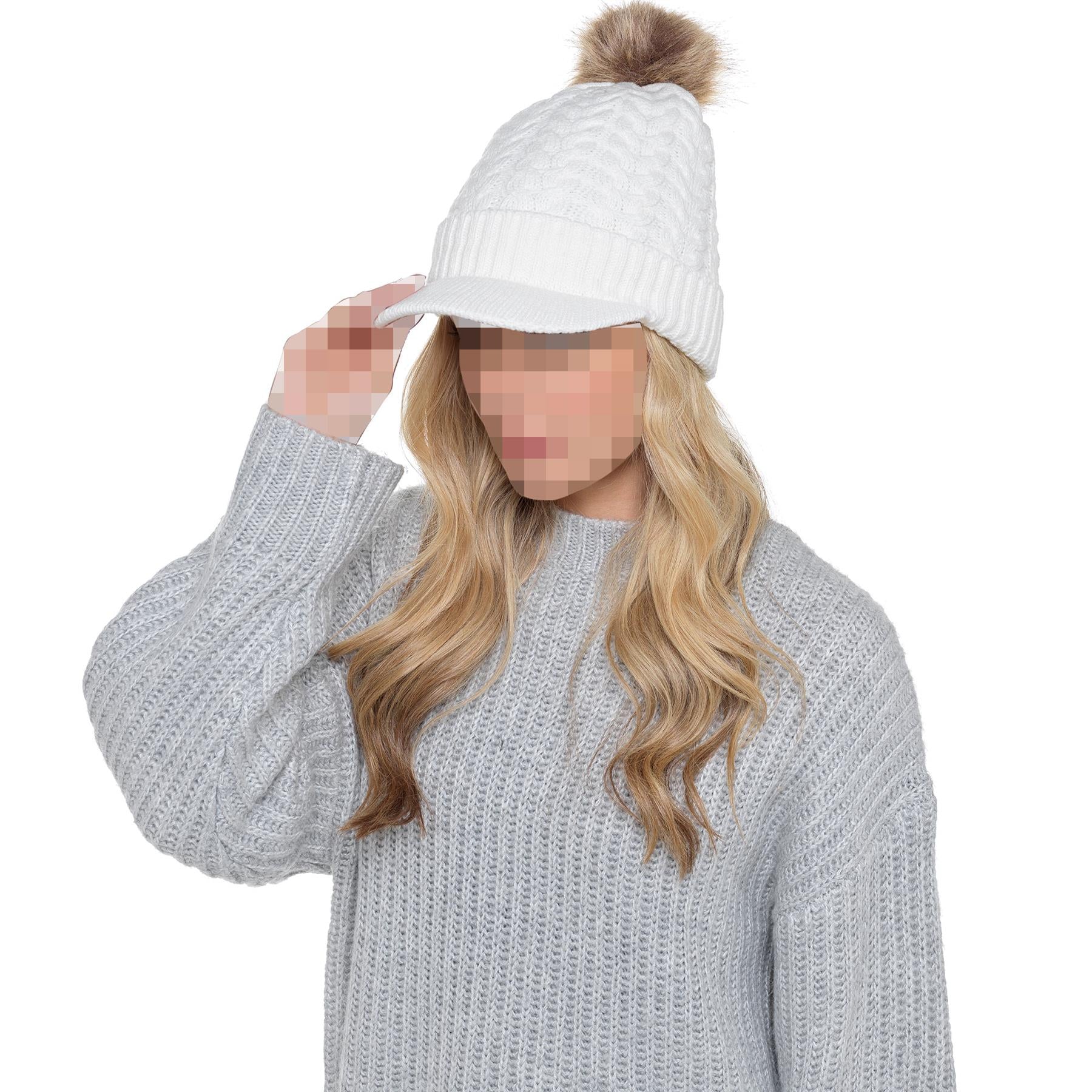 A2Z Ladies Hat Cable Knit Peaked Sherpa Detachable Pom Pom Winter Warm Cozy Caps