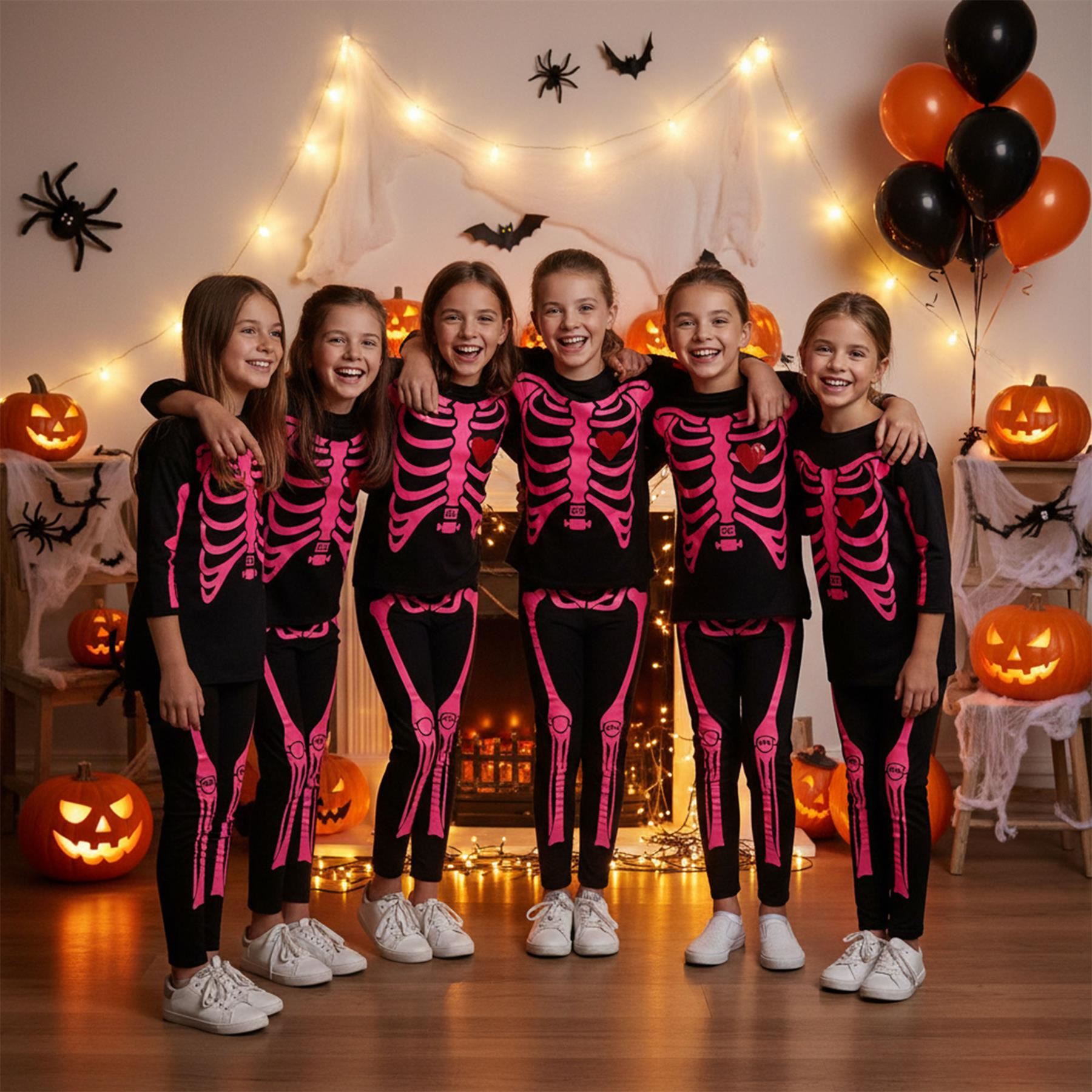 Kids Girls Skeleton Print Neon Pink Halloween Costume Set