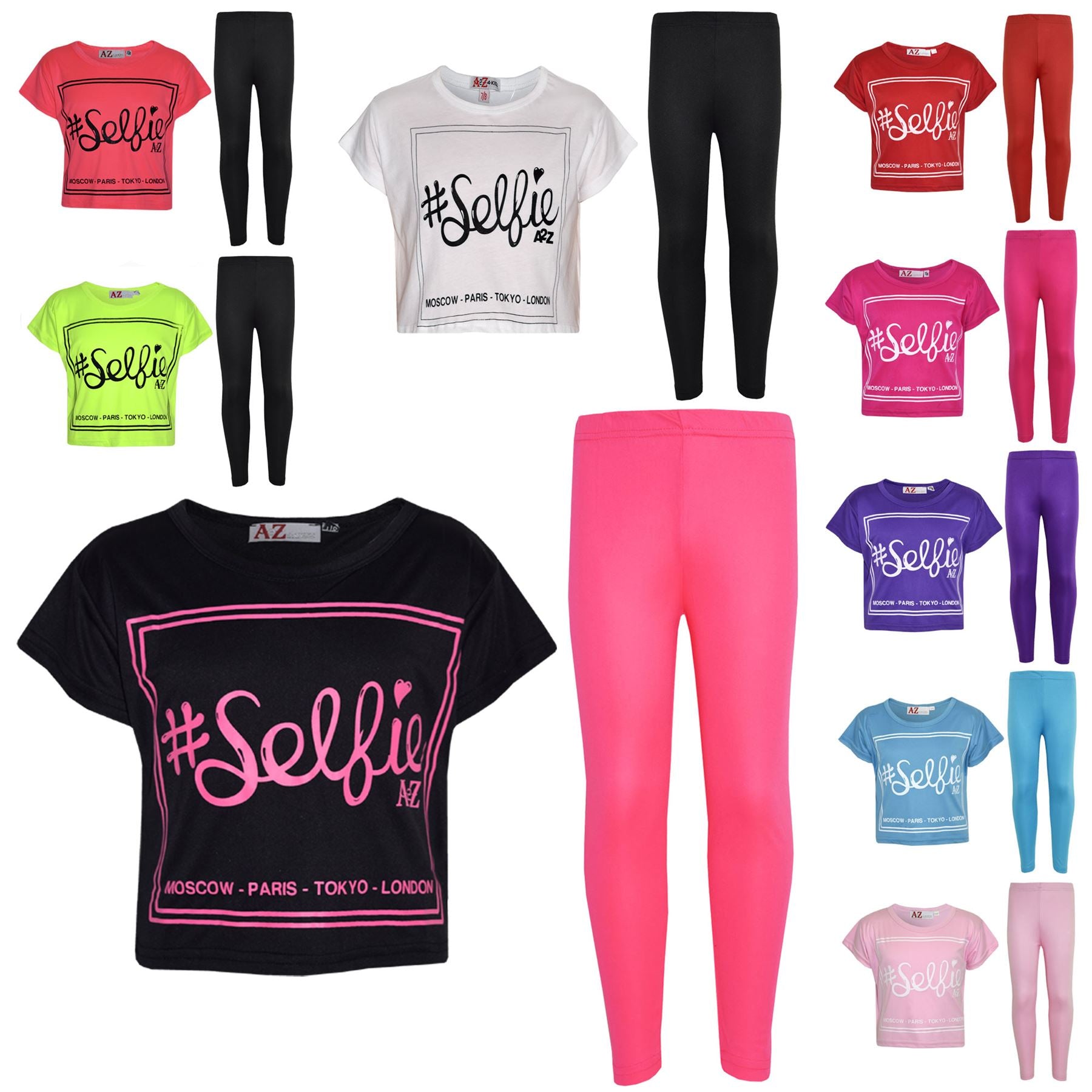 Girls Top Kids #Selfie Print Stylish Crop Top & Fashion Legging Set 7-13