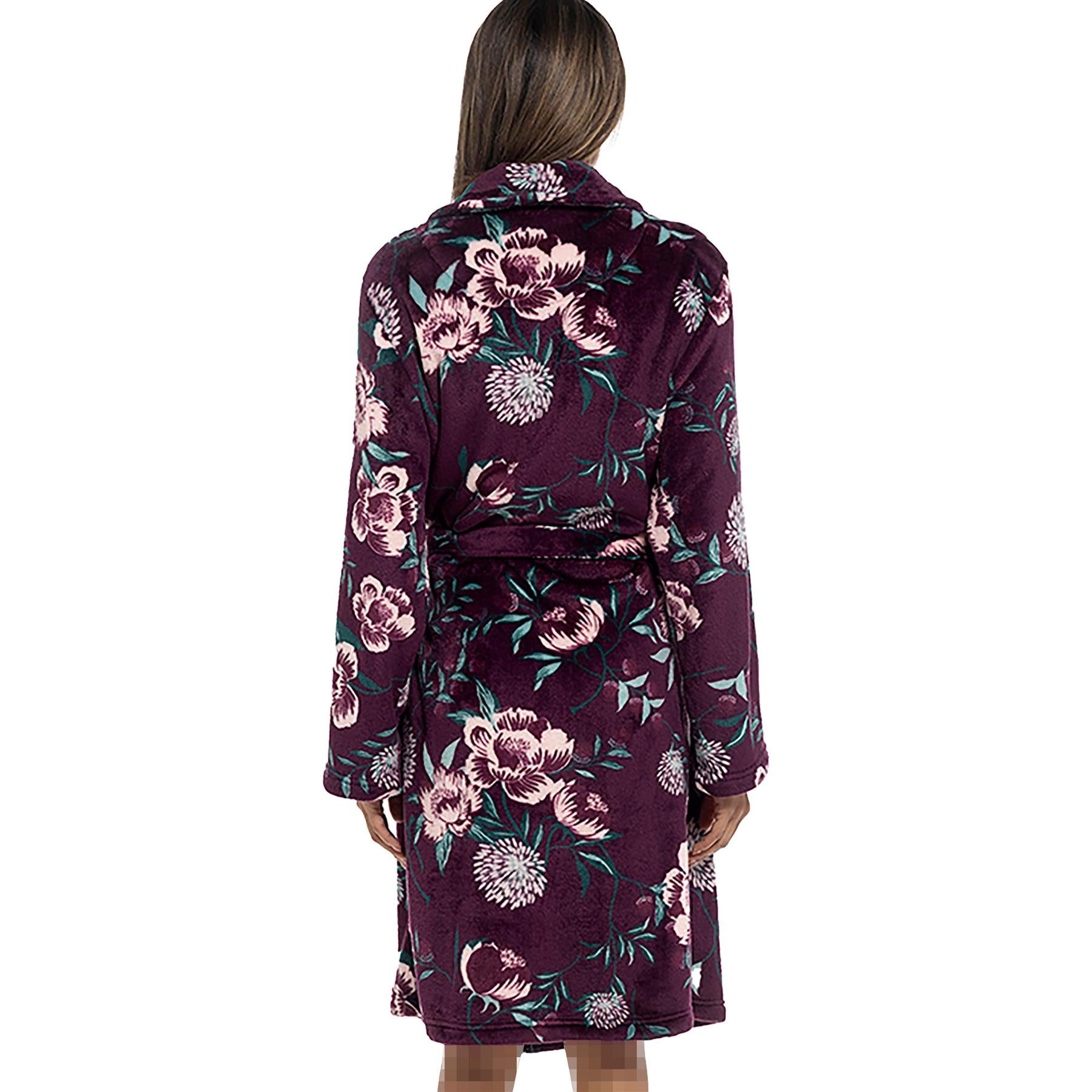 A2Z Women's Luxurious Floral Print Fleece Robe Winter Shawl Collar Dressing Gown